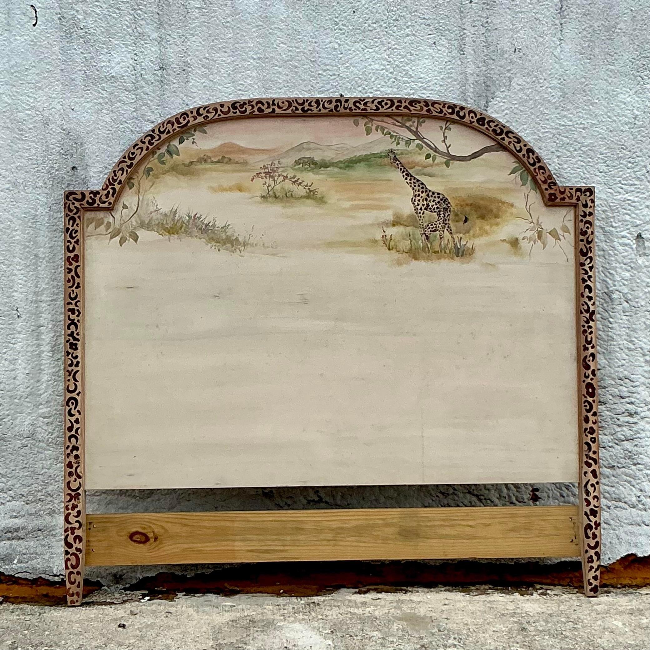 Wood Late 20th Century Vintage Boho Hand Painted Safari Full Headboard For Sale