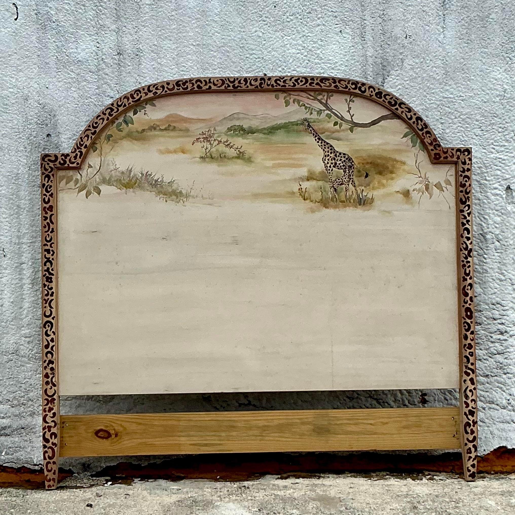 Late 20th Century Vintage Boho Hand Painted Safari Full Headboard For Sale 1