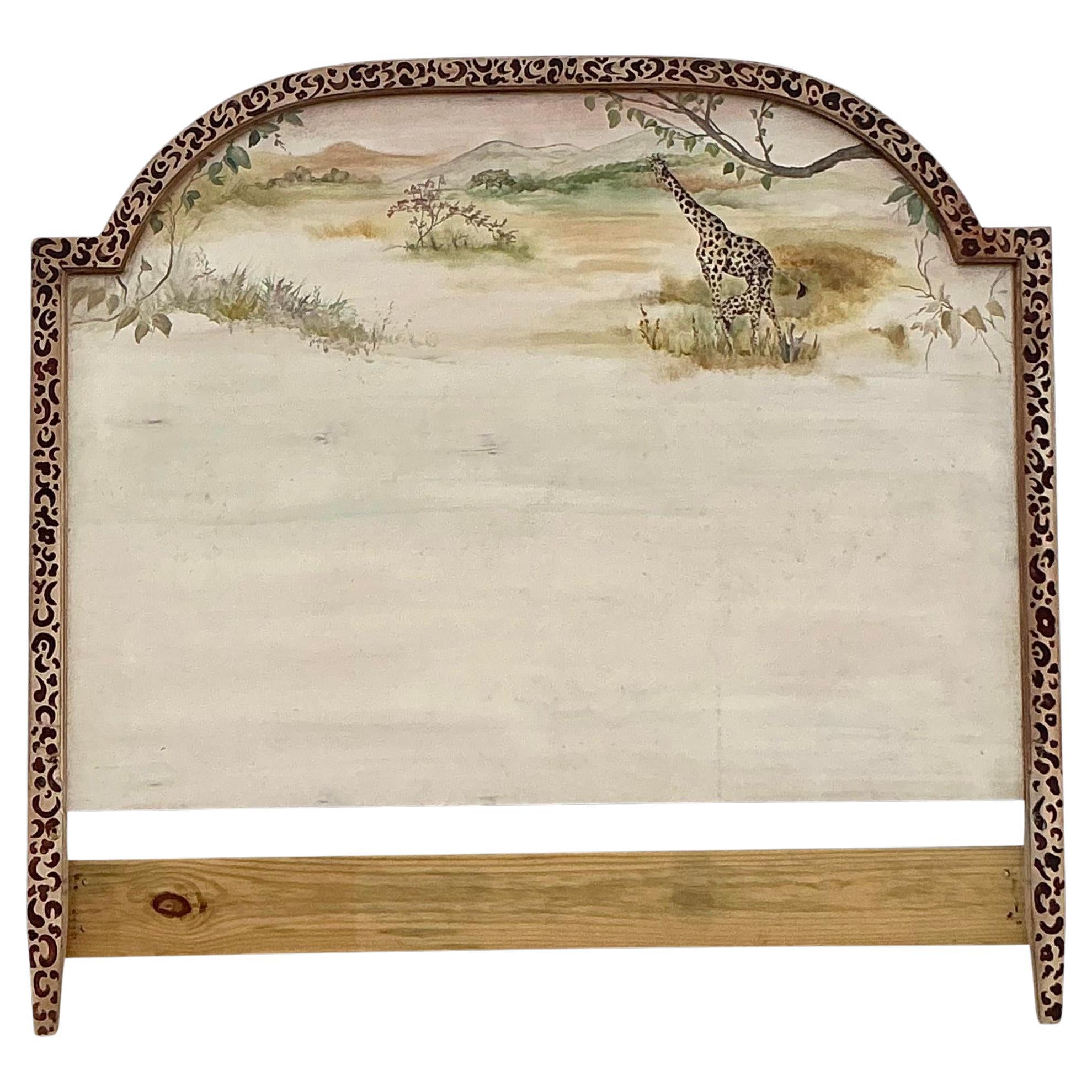 Late 20th Century Vintage Boho Hand Painted Safari Full Headboard