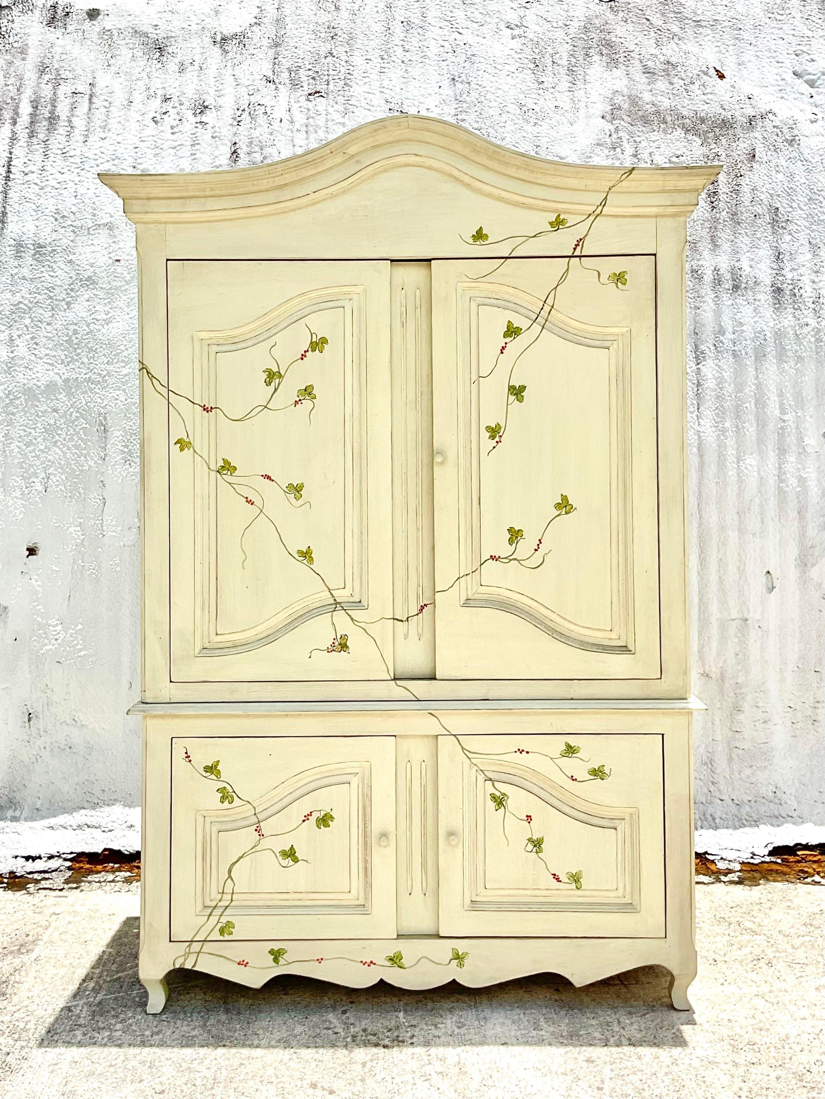 Late 20th Century Vintage Boho Hand-Painted Vine Print Armoire In Good Condition In west palm beach, FL