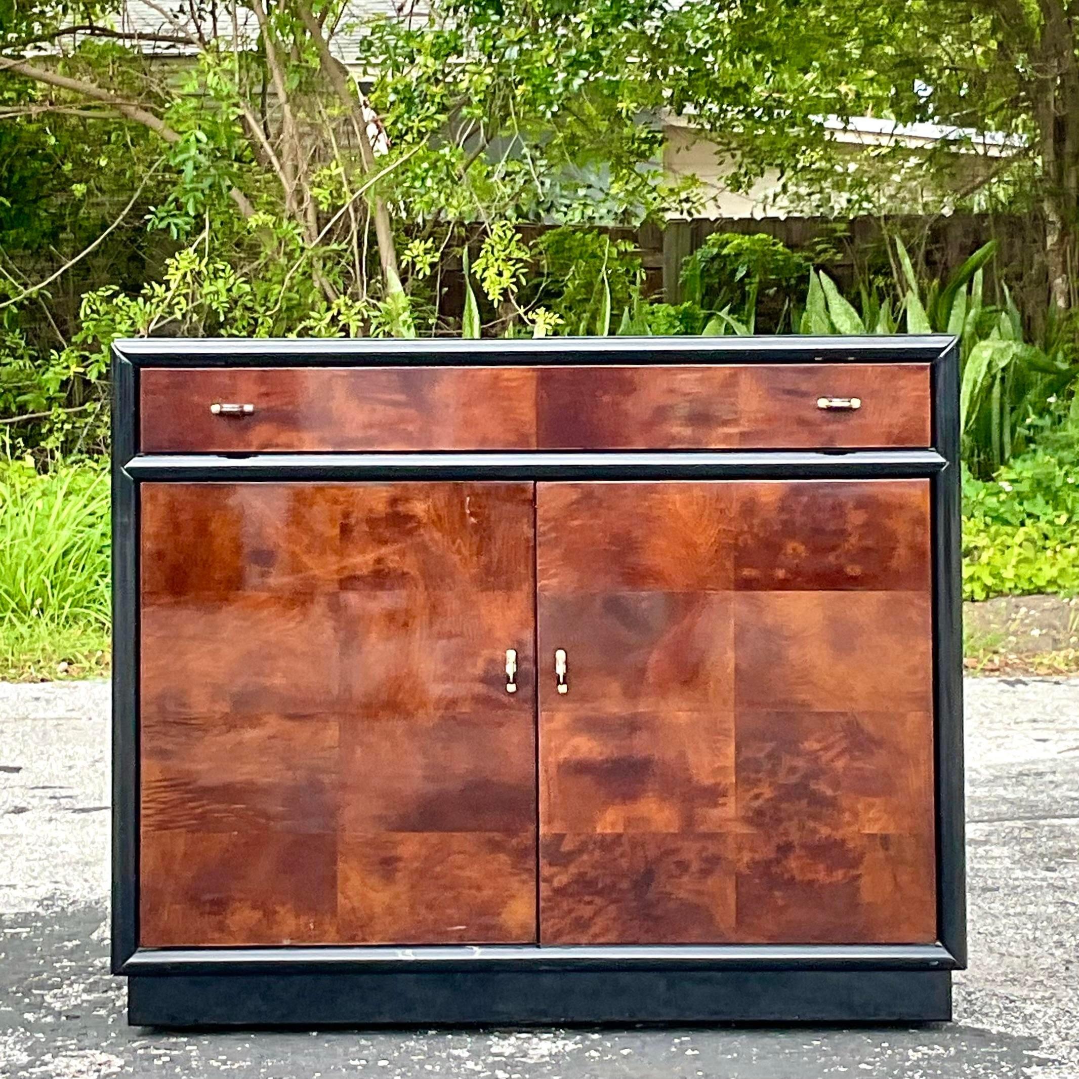 Late 20th Century Vintage Boho Henredon Scene Three Patchwork Burl Wood Dry Bar In Good Condition For Sale In west palm beach, FL