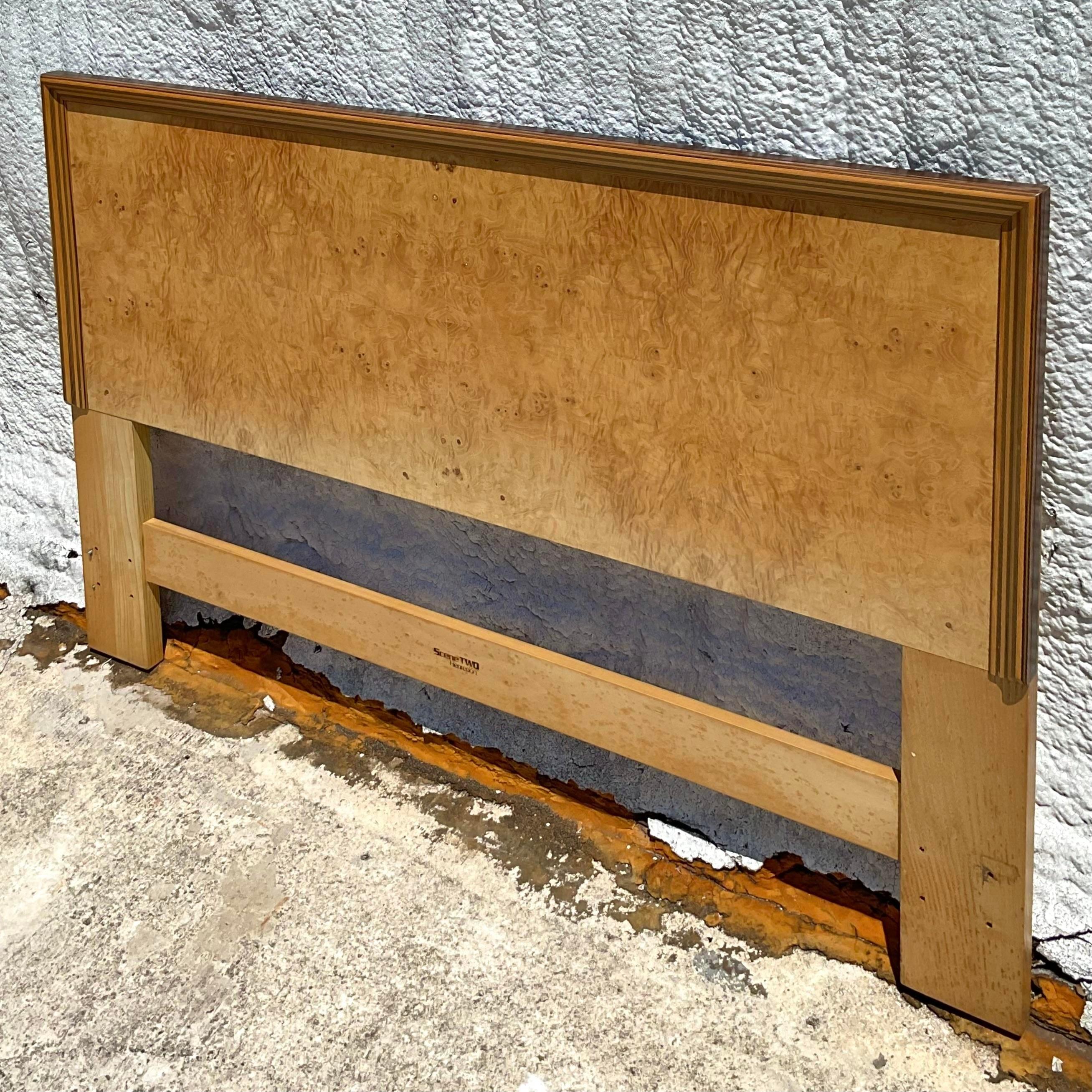 Late 20th Century Vintage Boho Henredon Scene Two Burl Wood Queen Headboard In Good Condition For Sale In west palm beach, FL