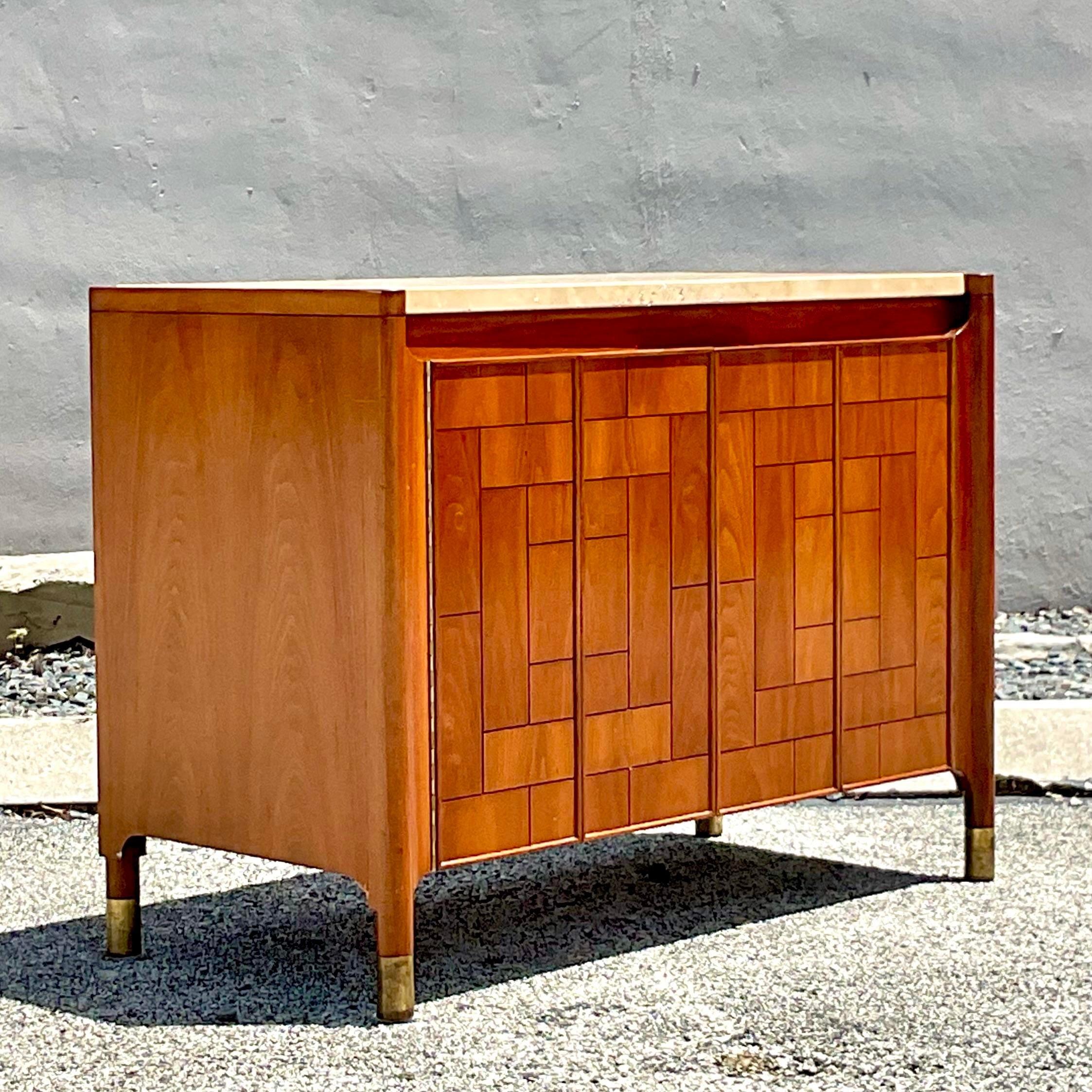 Mid-Century Modern Late 20th Century Vintage Boho Heritage Stone Top Patchwork Sideboard