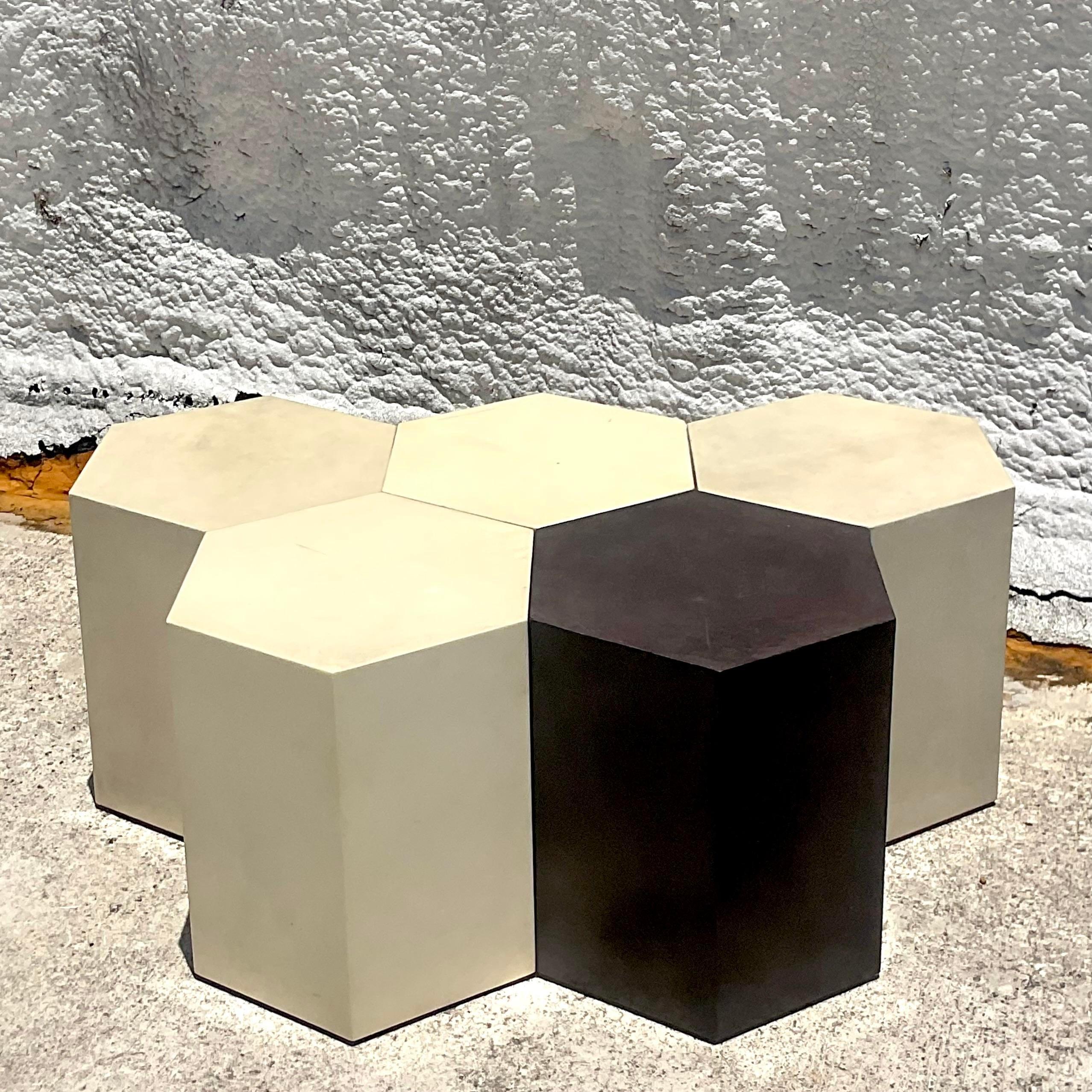 Américain Fin du 20ème siècle Vintage Boho Honey Comb Coffee Tables- Set of 5 en vente