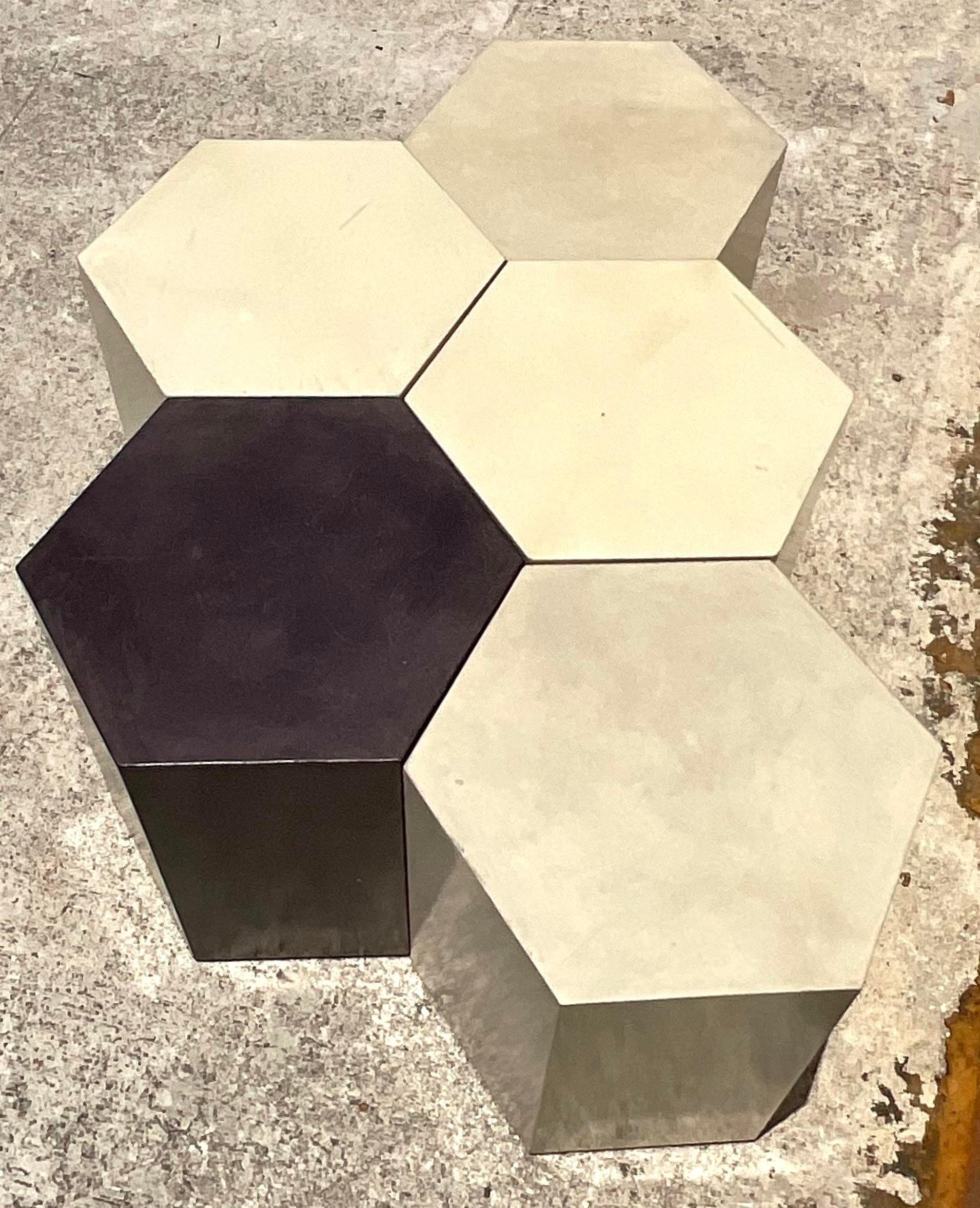 20ième siècle Fin du 20ème siècle Vintage Boho Honey Comb Coffee Tables- Set of 5 en vente