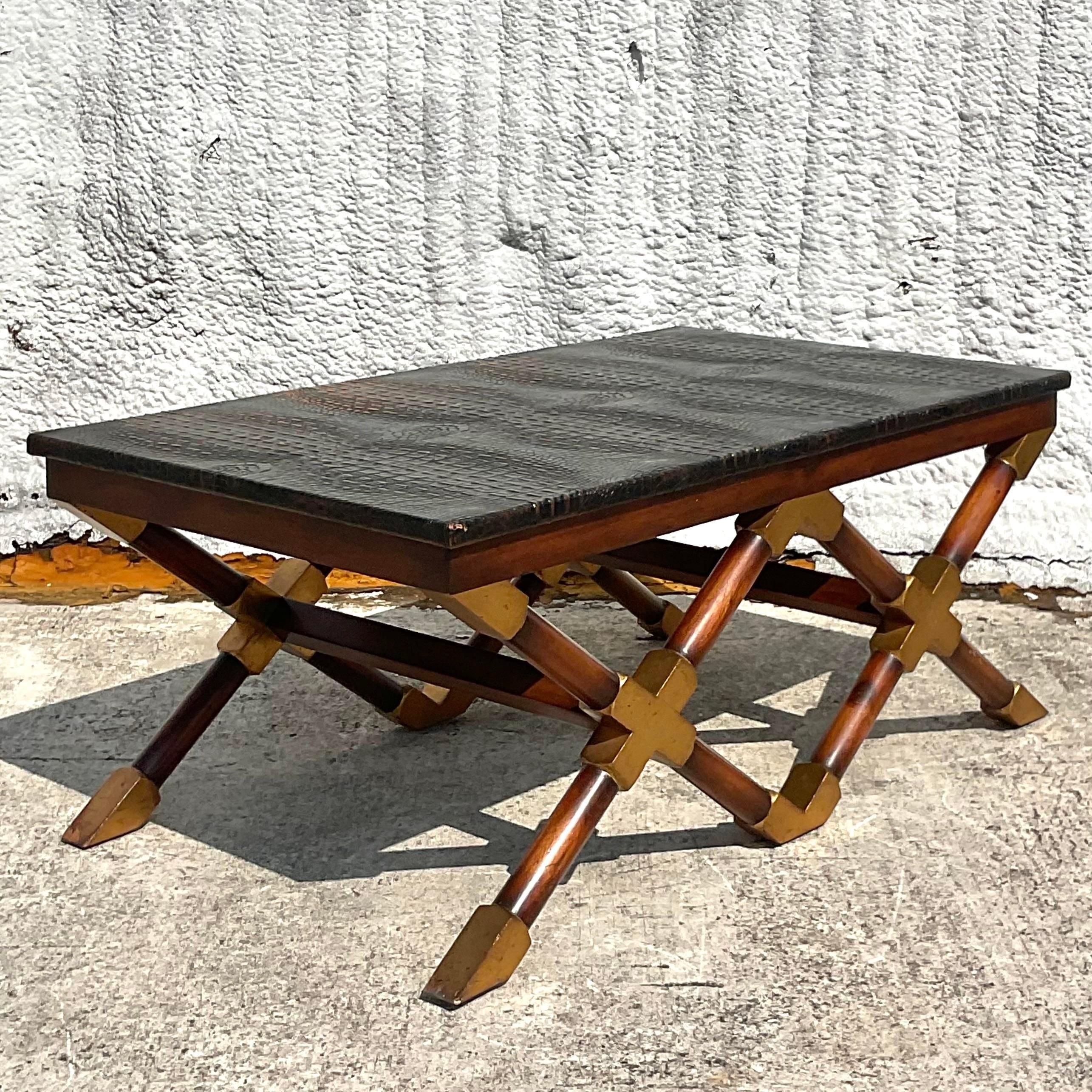 Leather Late 20th Century Vintage Boho John Richards Campaign Coffee Table For Sale