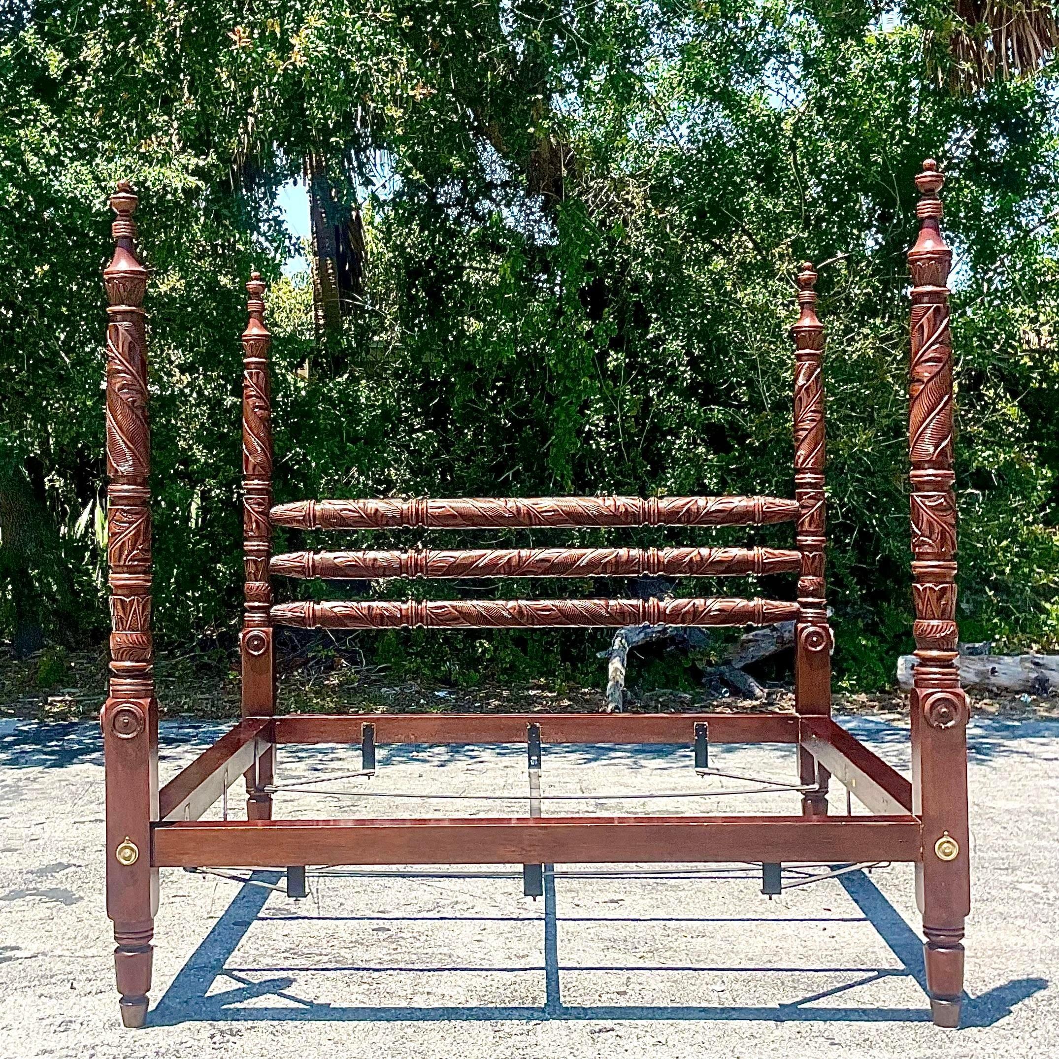 Late 20th Century Vintage Boho King Carved Poster Bed After Ralph Lauren In Good Condition For Sale In west palm beach, FL