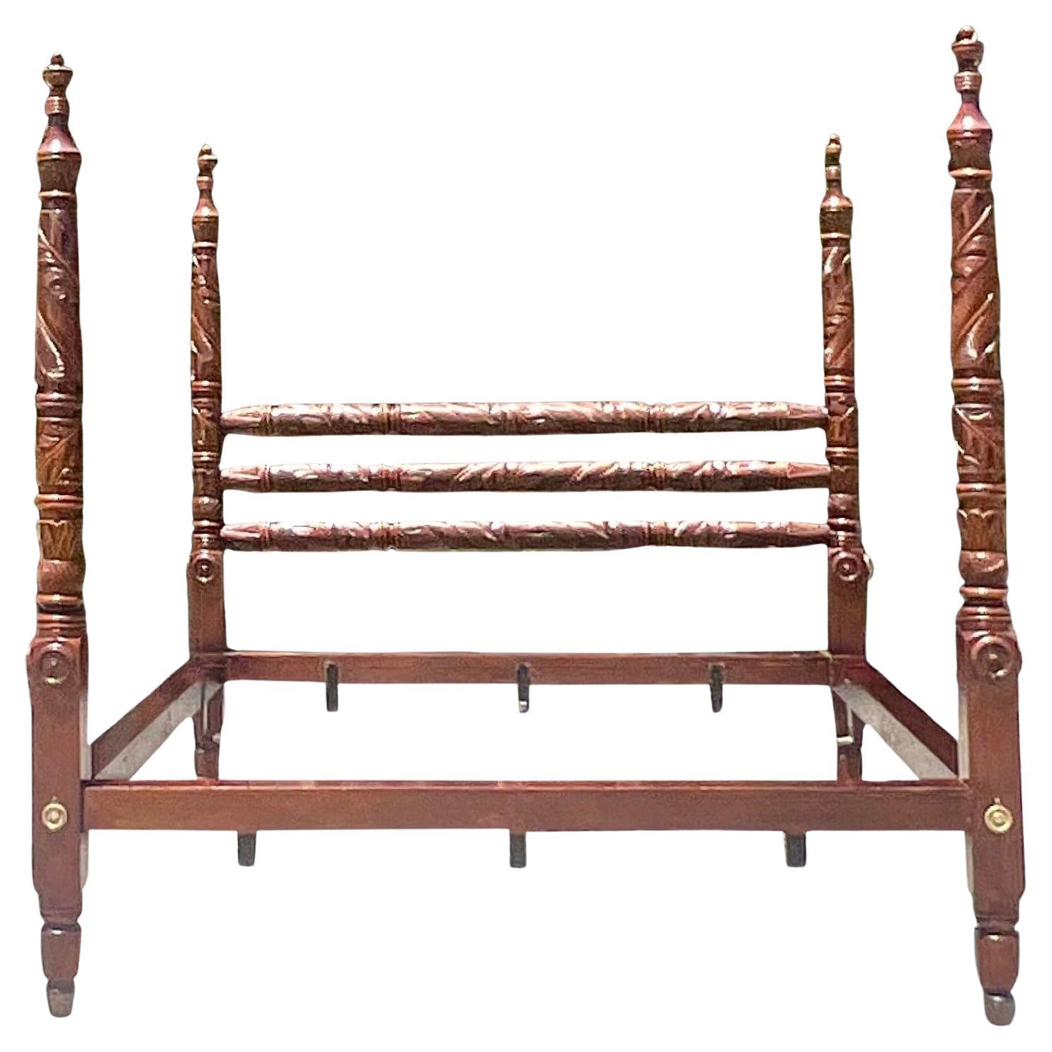 Late 20th Century Vintage Boho King Carved Poster Bed After Ralph Lauren For Sale