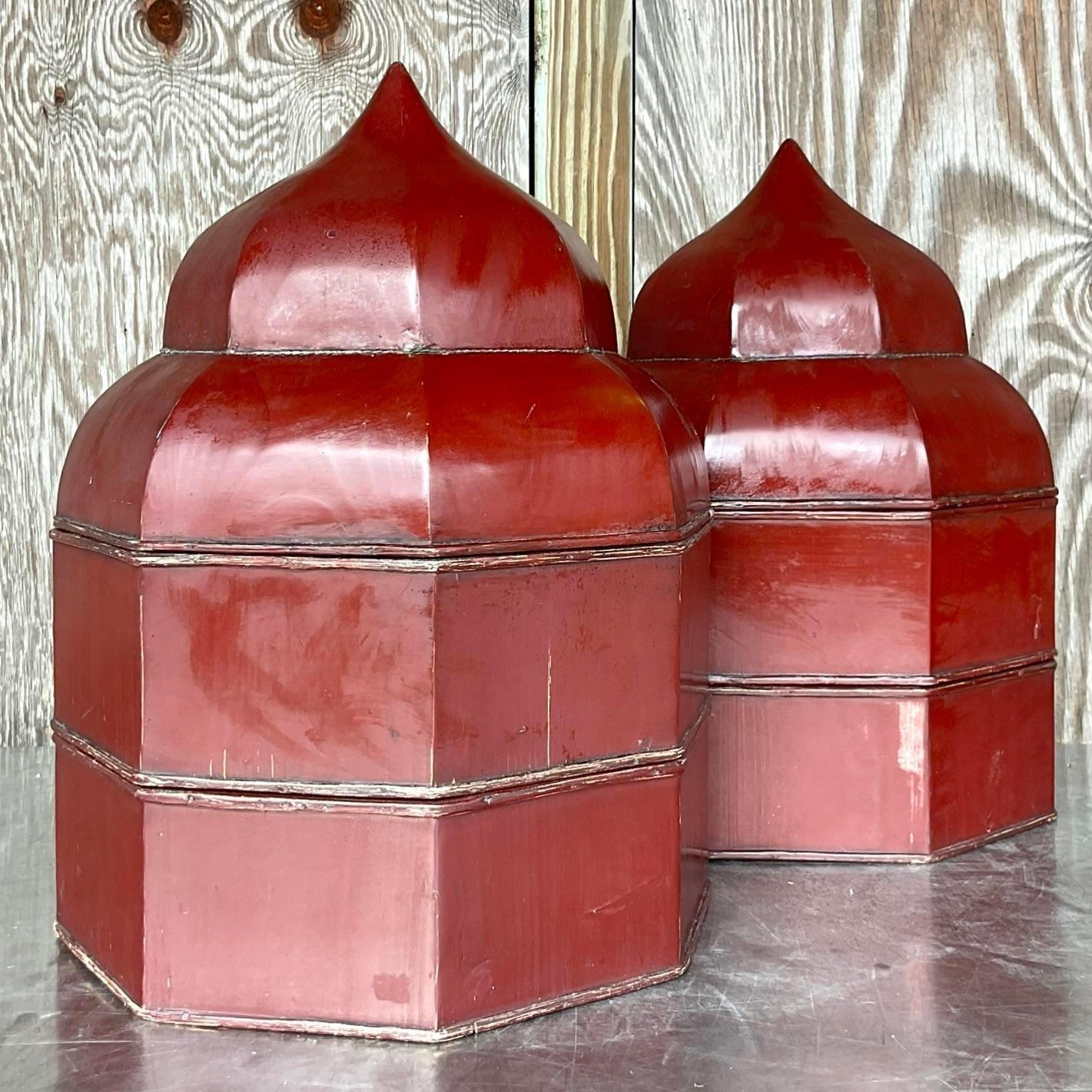 Late 20th Century Vintage Boho Lacquered Octagon Staking Temple Boxes - a Pair For Sale 6