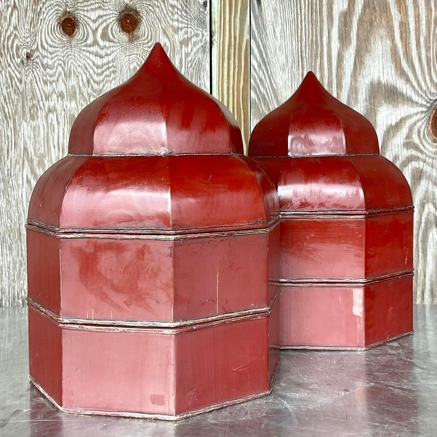 A stunning pair of vintage Boho boxes. A chic octagon shape with a lacquered merlot finish. Gorgeous wood grain interiors. Acquired from a Palm Beach estate.