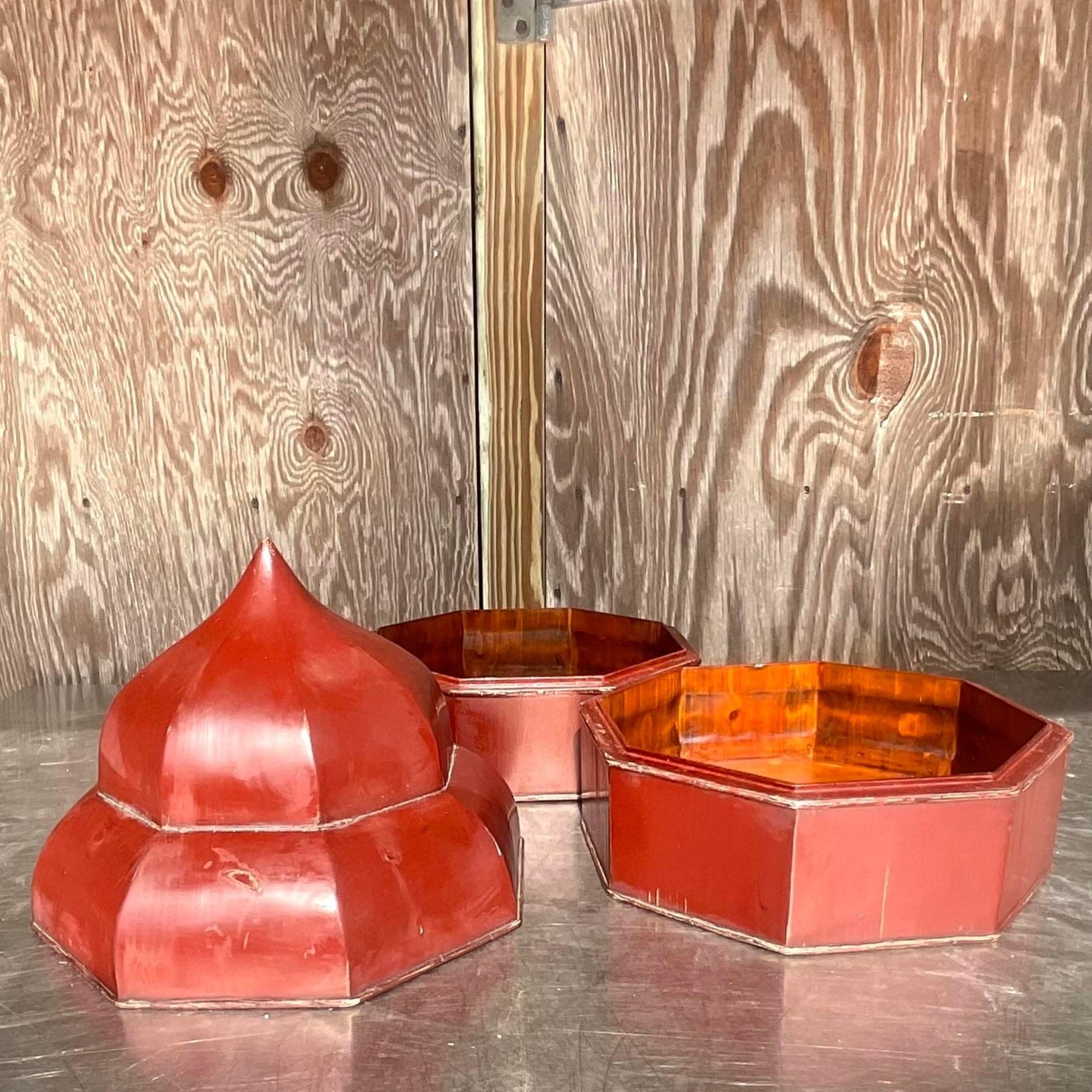 American Late 20th Century Vintage Boho Lacquered Octagon Staking Temple Boxes - a Pair For Sale