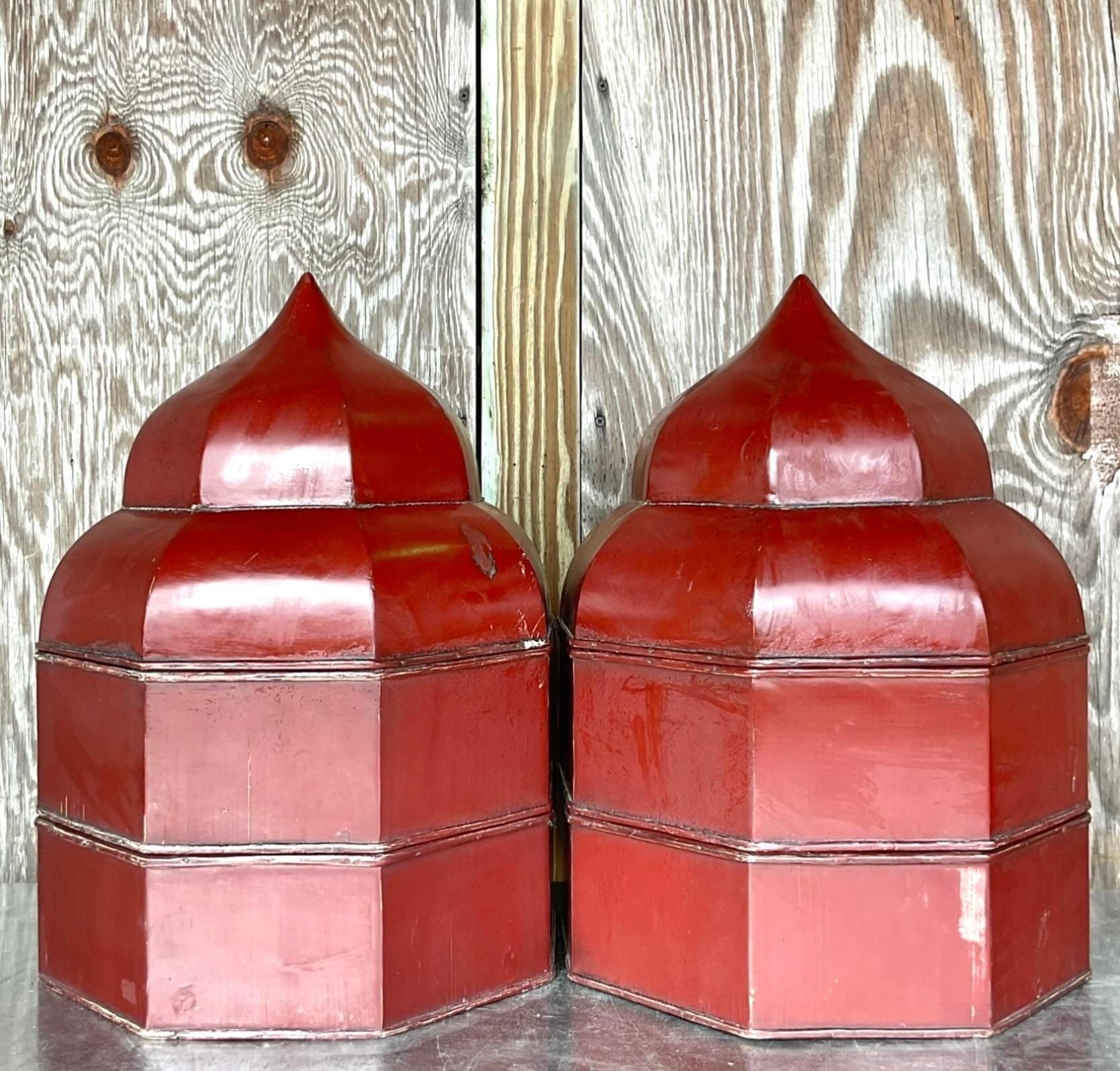 Late 20th Century Vintage Boho Lacquered Octagon Staking Temple Boxes - a Pair In Good Condition For Sale In west palm beach, FL