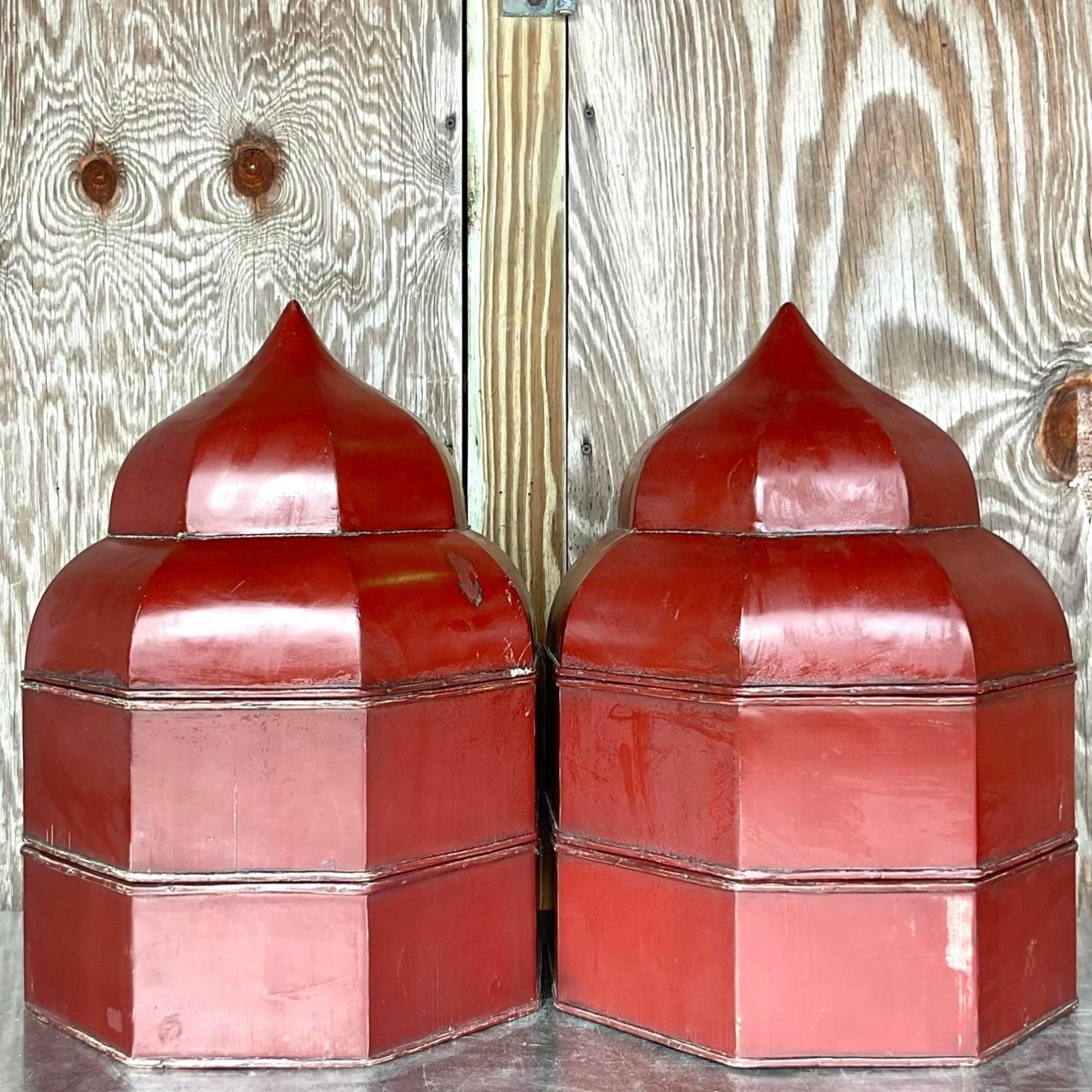 Late 20th Century Vintage Boho Lacquered Octagon Staking Temple Boxes - a Pair For Sale 4