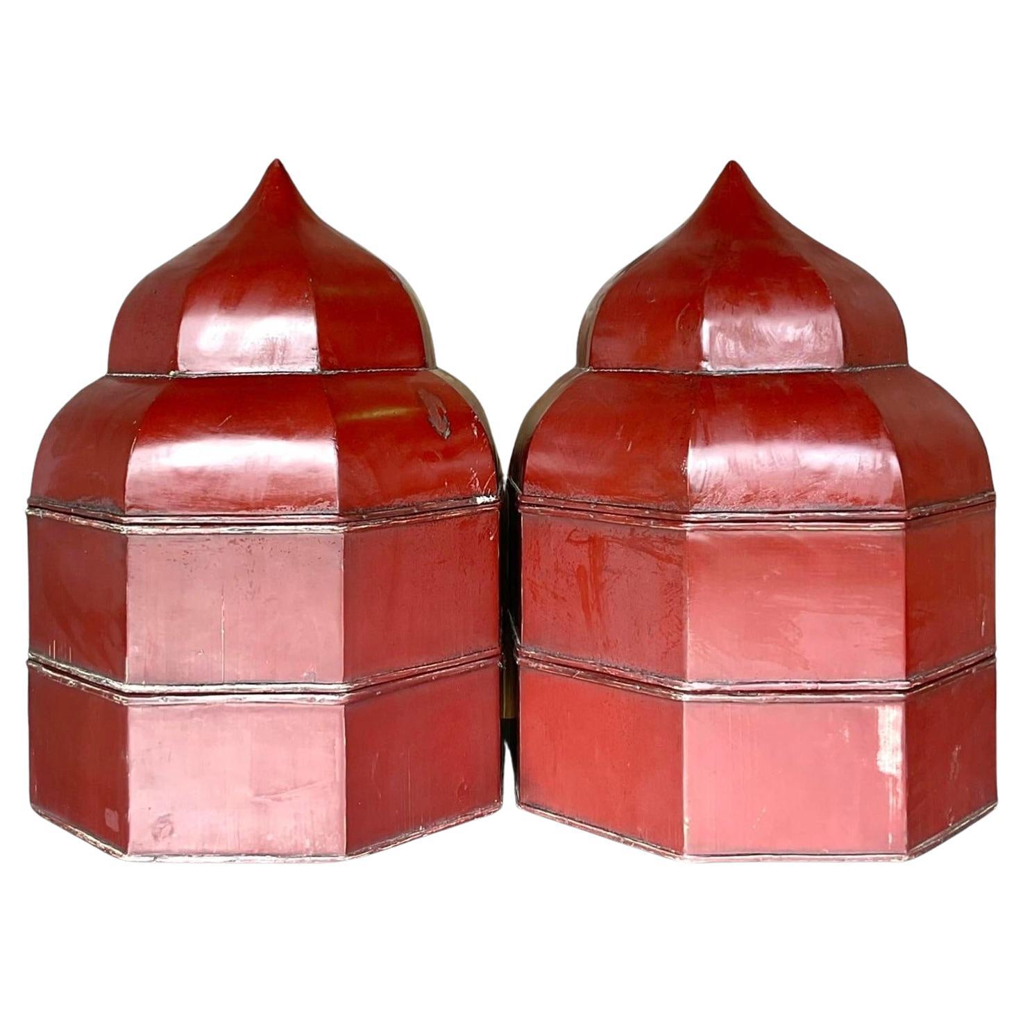 Late 20th Century Vintage Boho Lacquered Octagon Staking Temple Boxes - a Pair For Sale