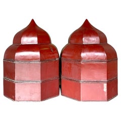 Late 20th Century Vintage Boho Lacquered Octagon Staking Temple Boxes - a Pair
