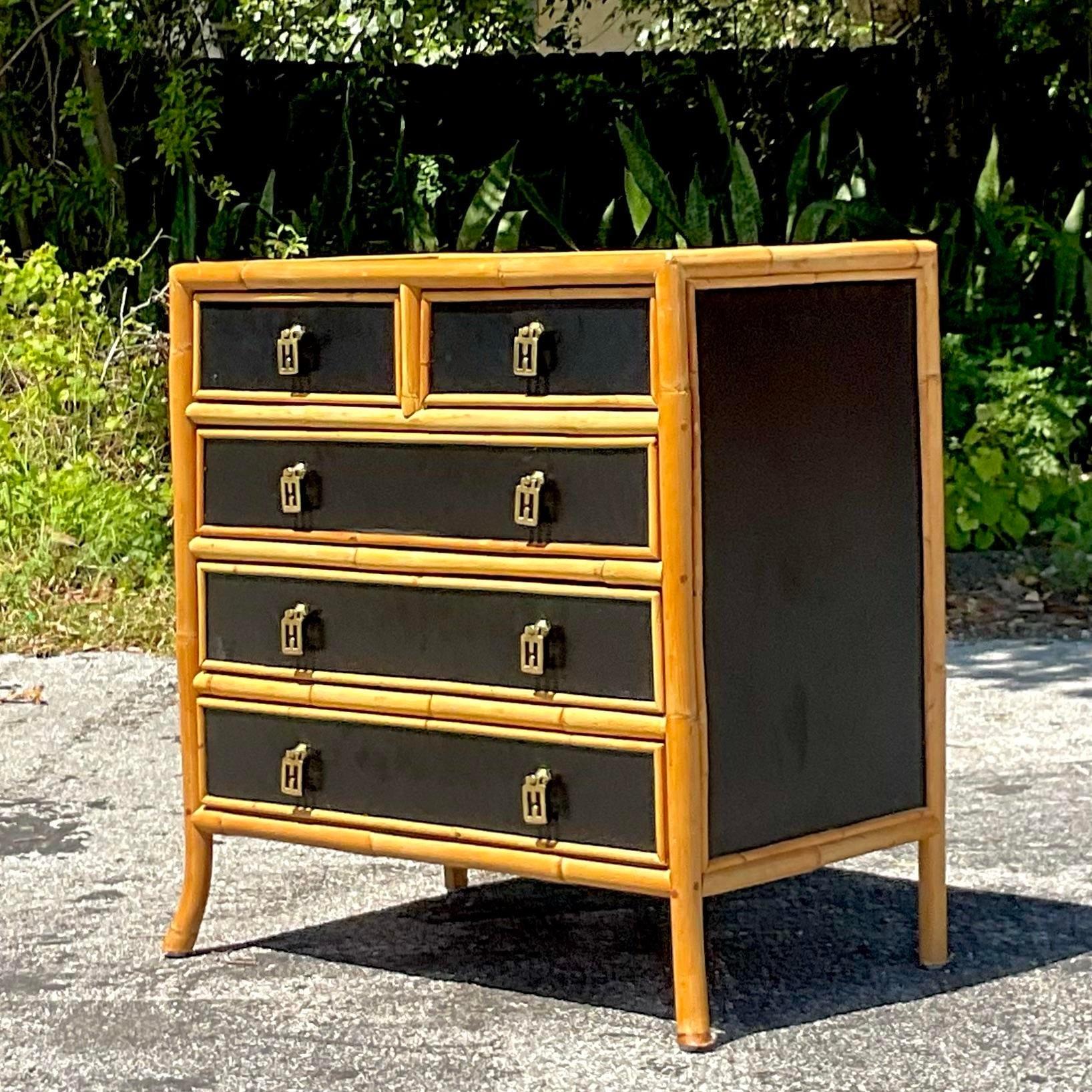 American Late 20th Century Vintage Boho Lacquered Rattan Trimmed Chest of Drawers For Sale