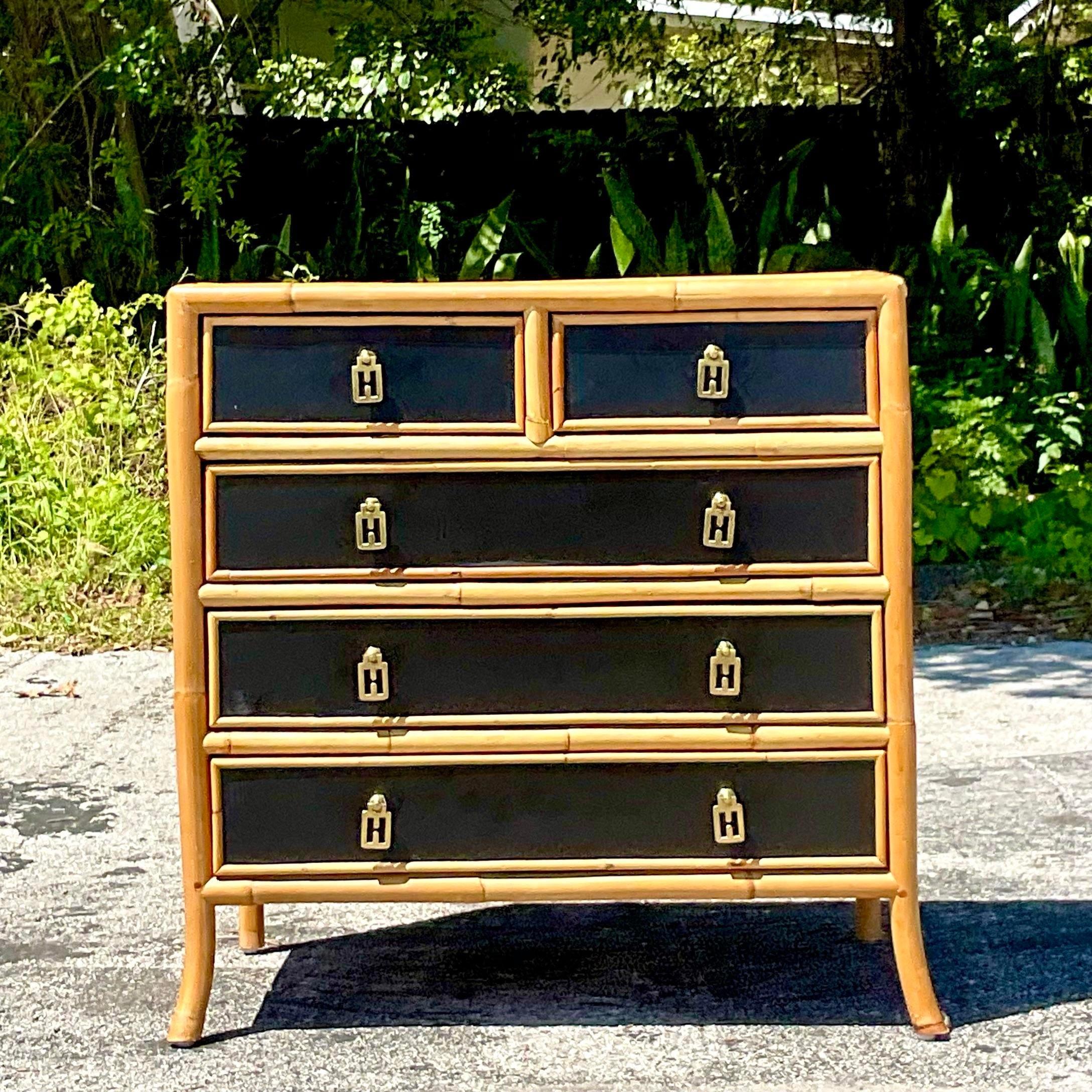 Late 20th Century Vintage Boho Lacquered Rattan Trimmed Chest of Drawers In Good Condition For Sale In west palm beach, FL