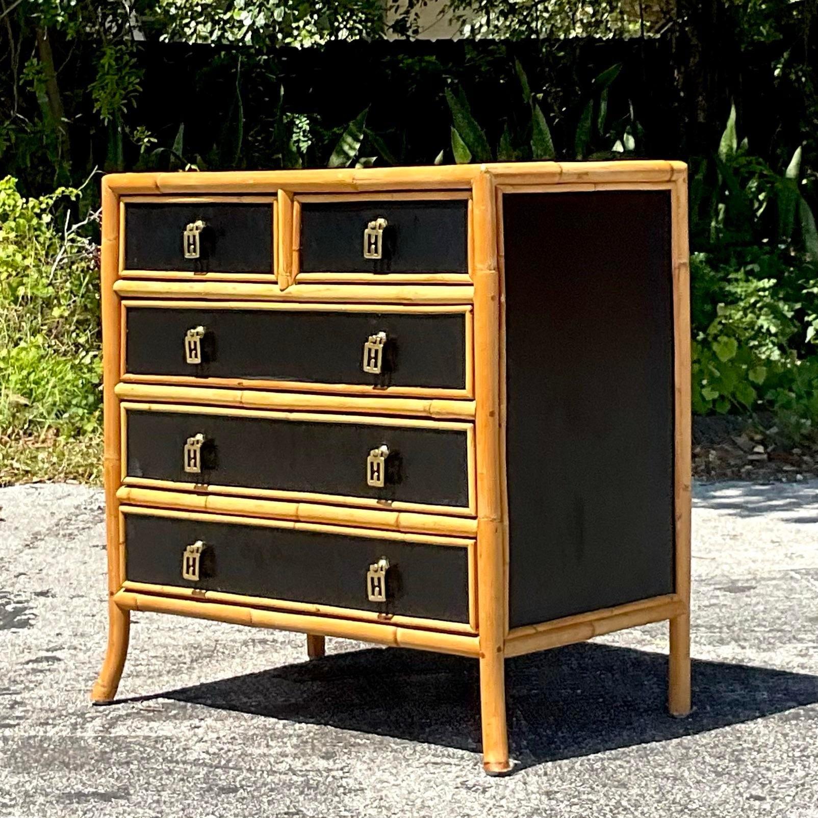 Late 20th Century Vintage Boho Lacquered Rattan Trimmed Chest of Drawers For Sale 1