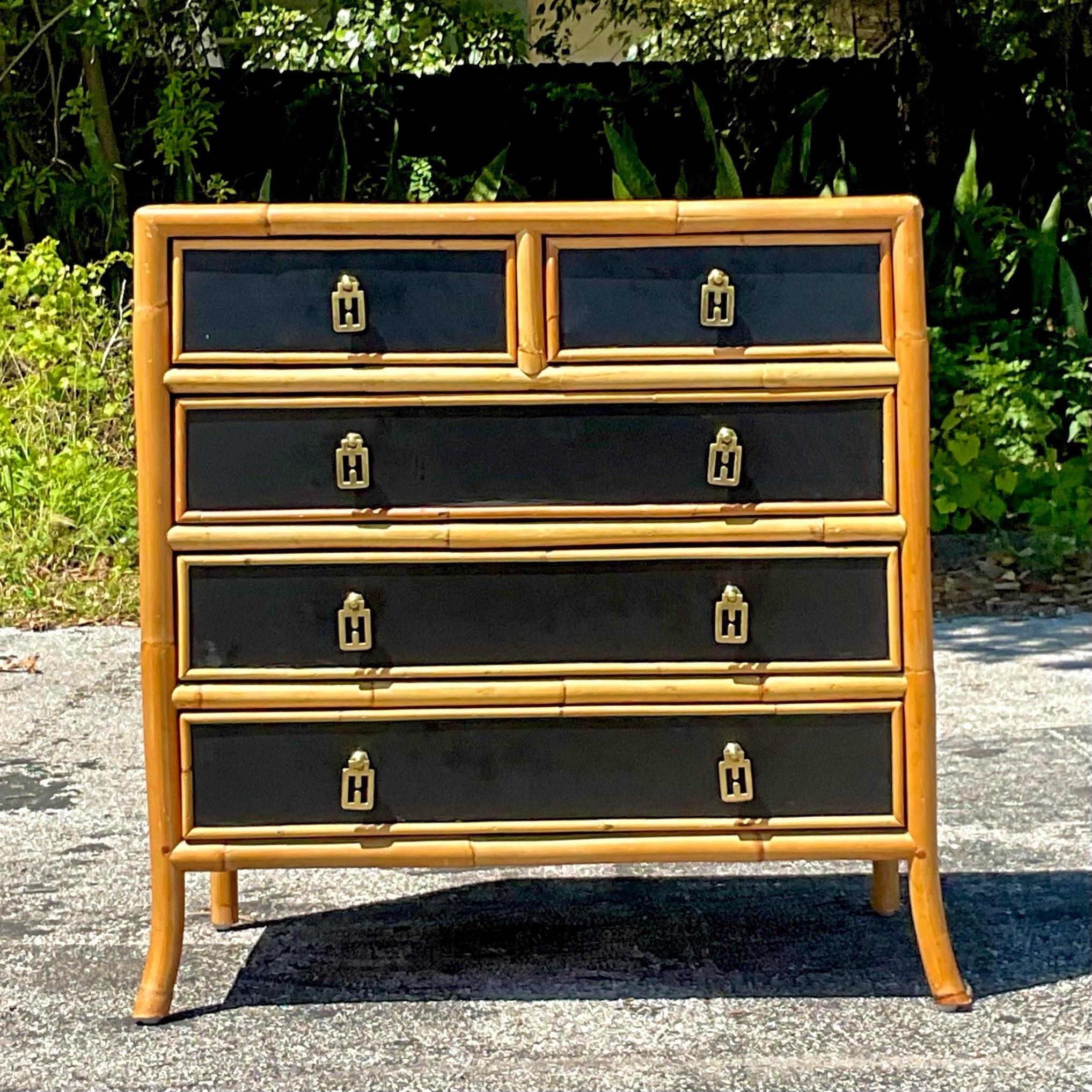 Late 20th Century Vintage Boho Lacquered Rattan Trimmed Chest of Drawers For Sale 2