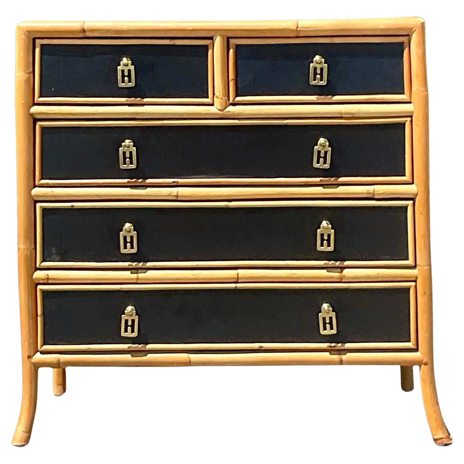 Late 20th Century Vintage Boho Lacquered Rattan Trimmed Chest of Drawers