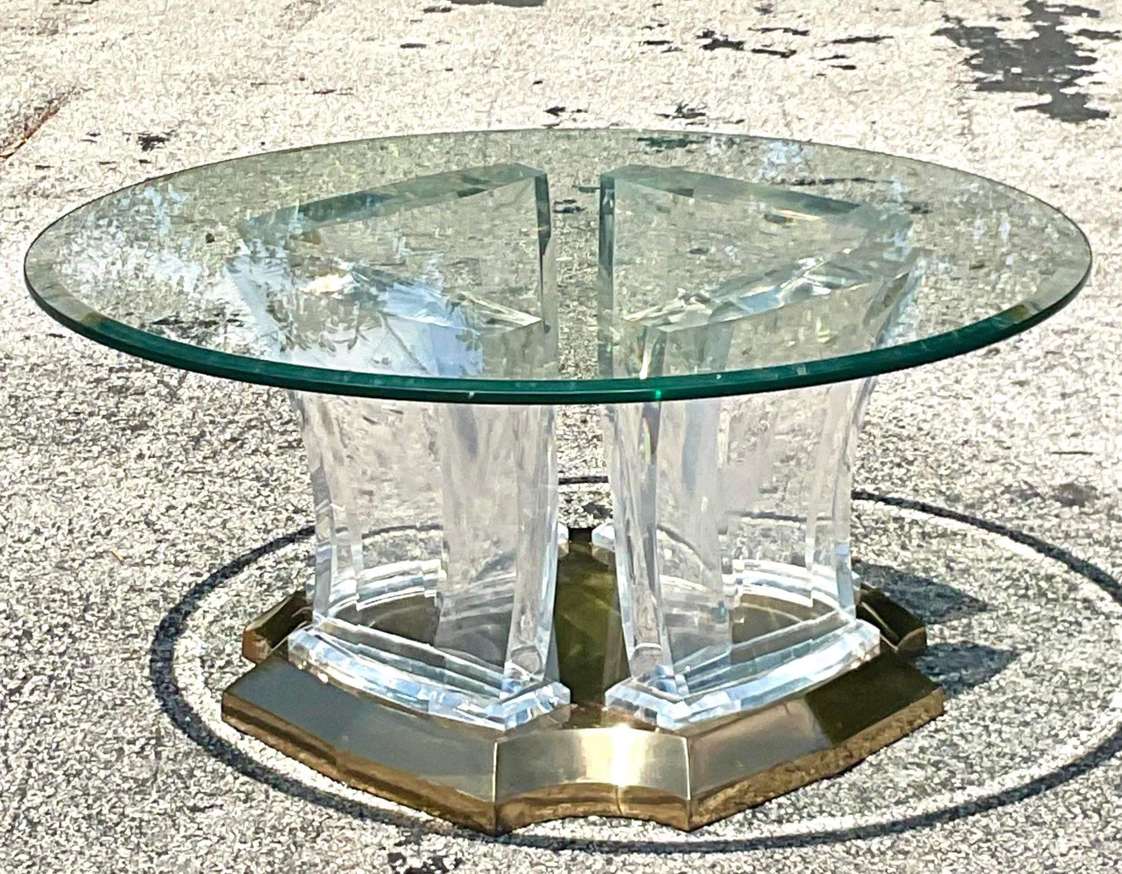 Mid-Century Modern Late 20th Century Vintage Boho Lucite and Brass Coffee Table For Sale