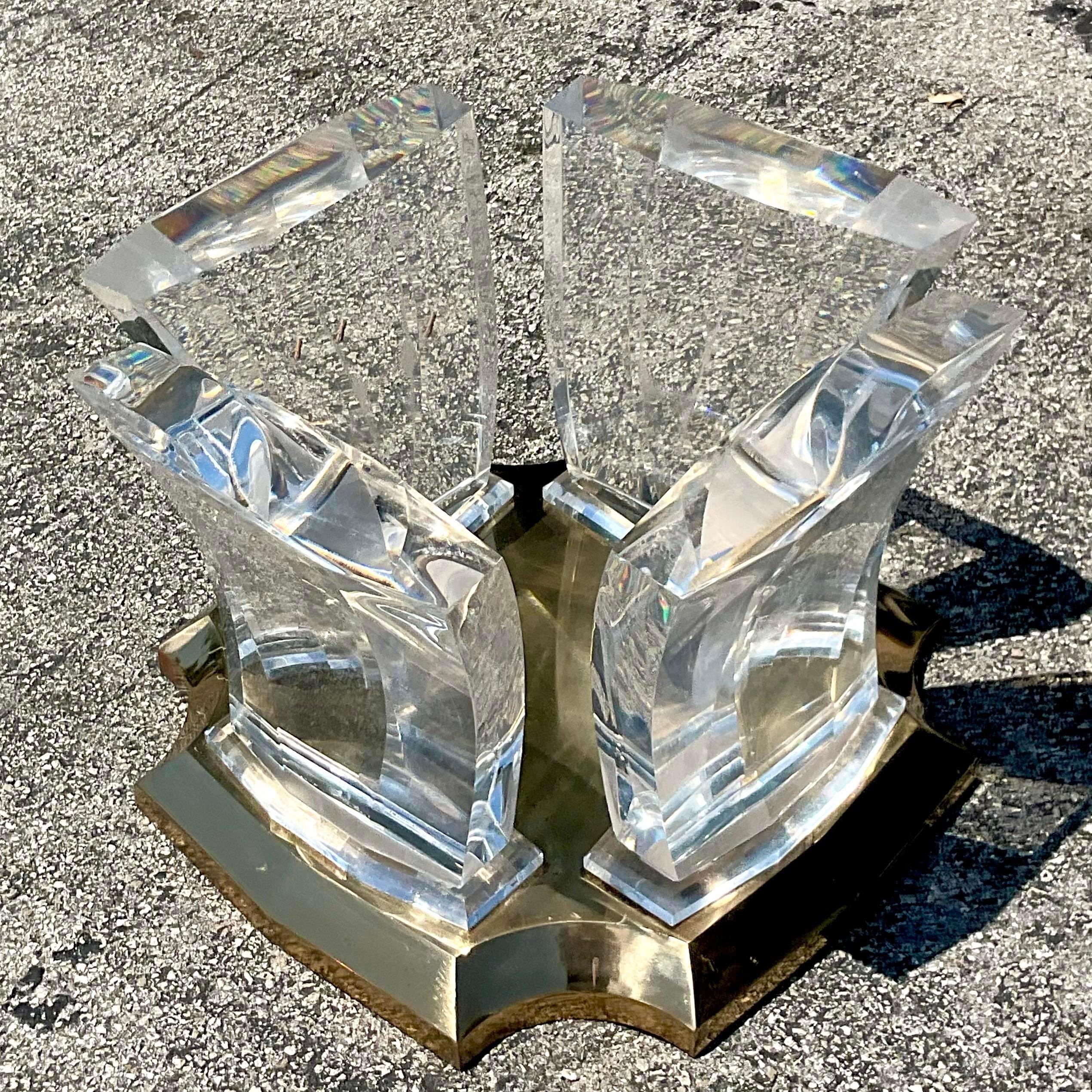 American Late 20th Century Vintage Boho Lucite and Brass Coffee Table For Sale