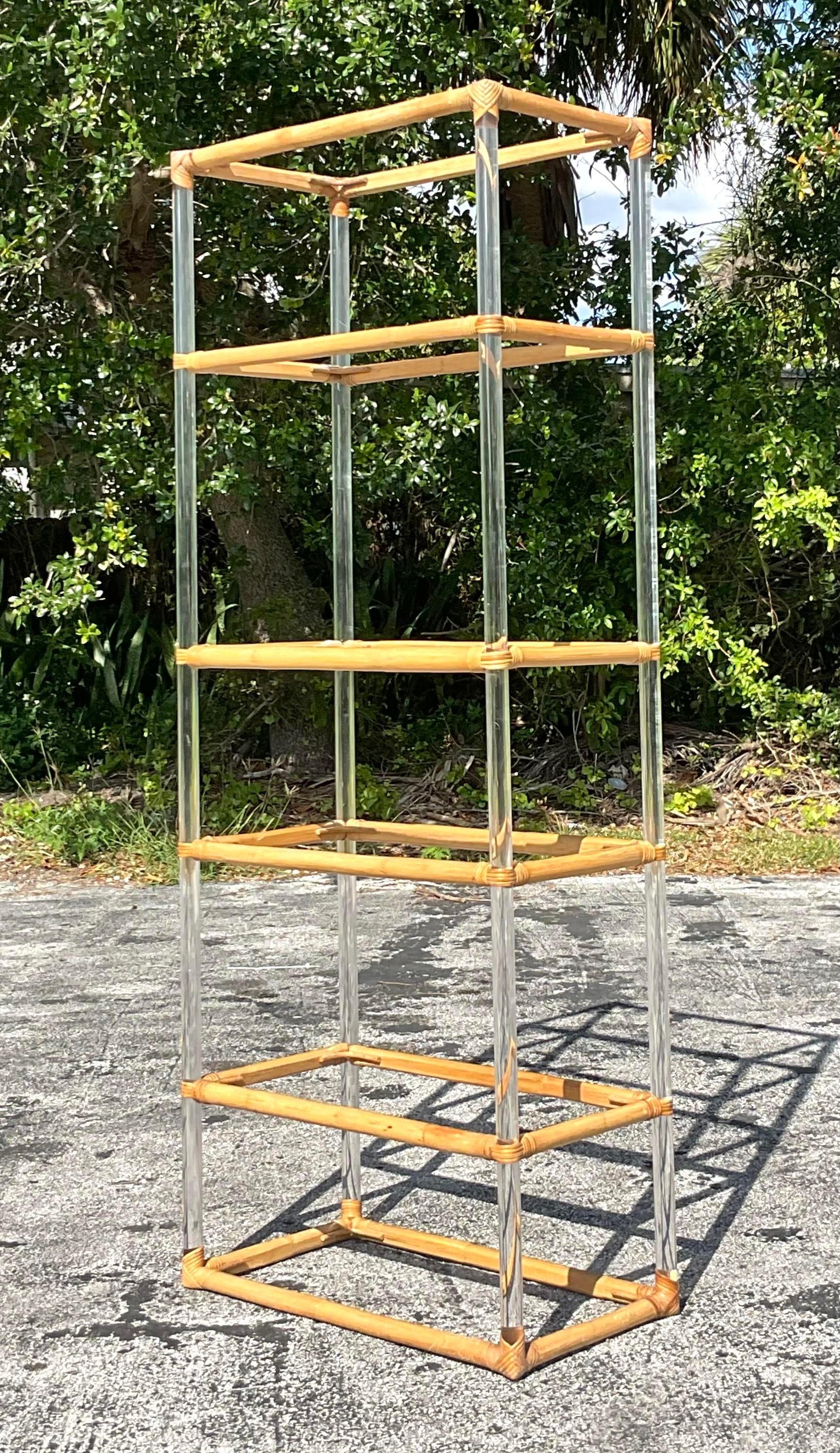 Philippine Late 20th Century Vintage Boho Lucite and Rattan Etagere For Sale