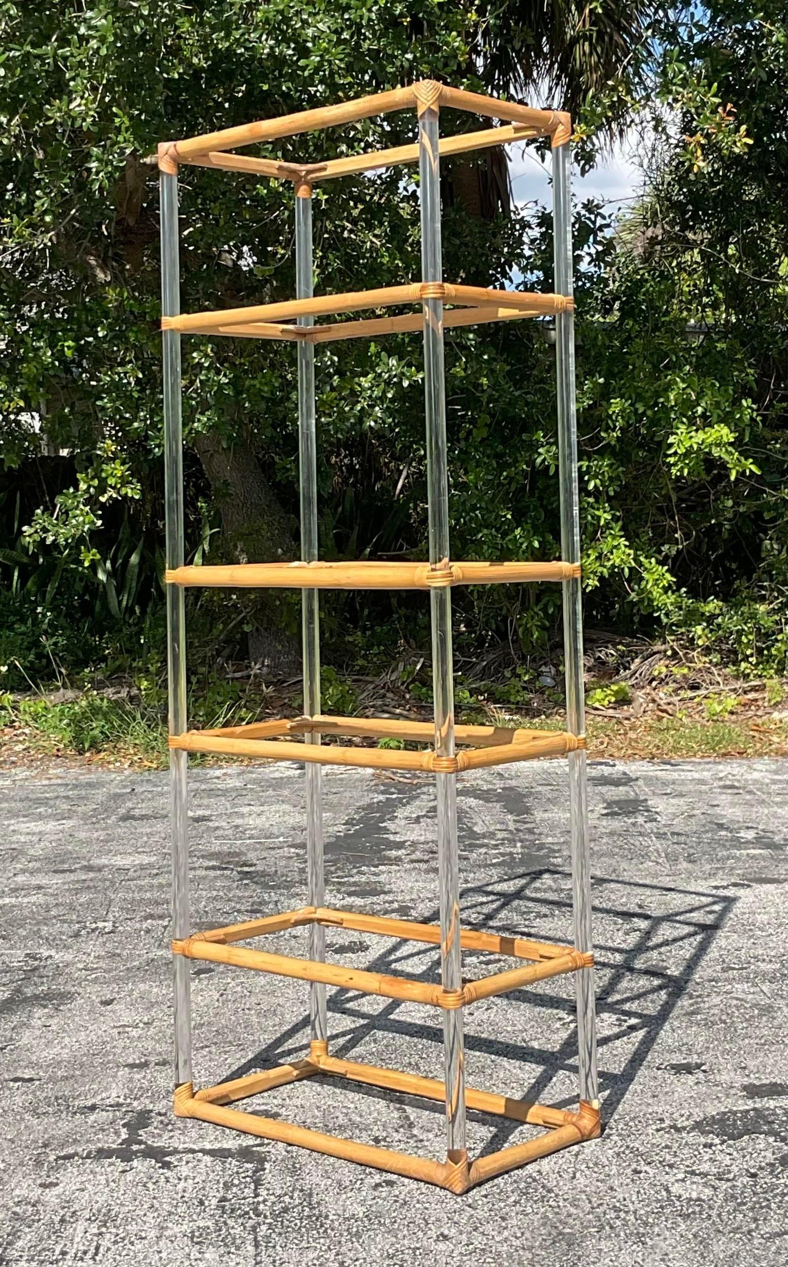 Late 20th Century Vintage Boho Lucite and Rattan Etagere In Good Condition For Sale In west palm beach, FL