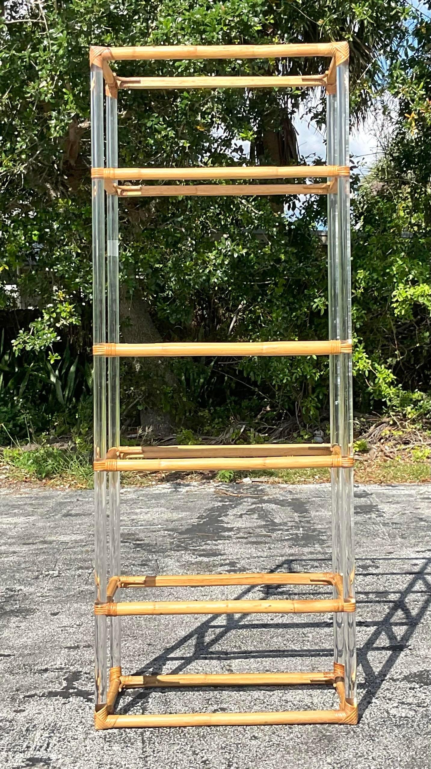 Late 20th Century Vintage Boho Lucite and Rattan Etagere For Sale 1