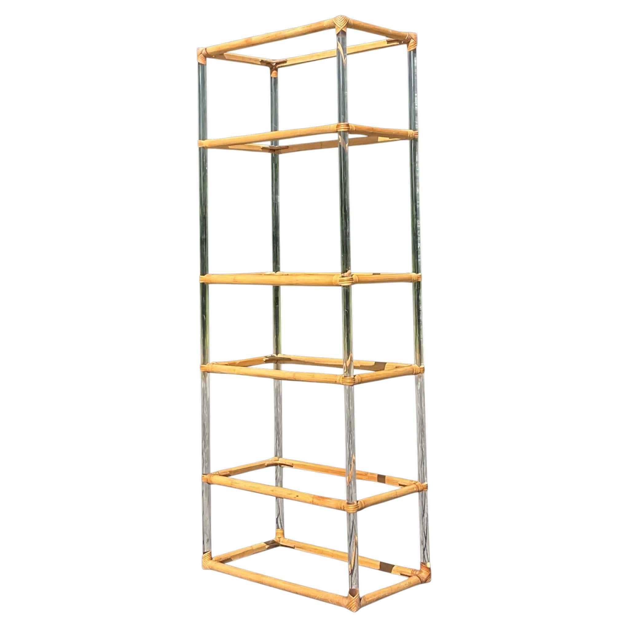 Late 20th Century Vintage Boho Lucite and Rattan Etagere For Sale