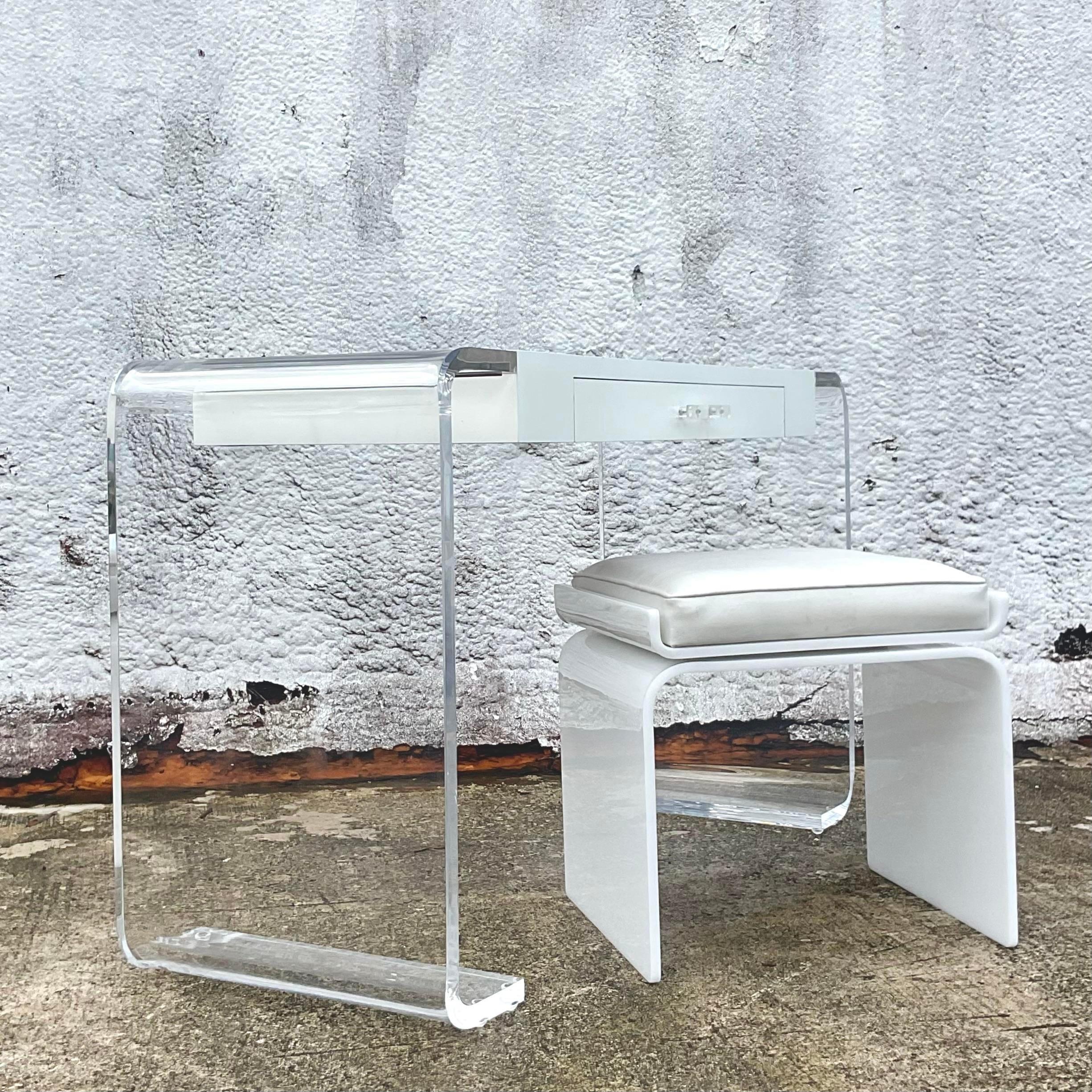 American Late 20th Century Vintage Boho Lucite Scroll Vanity With Swivel Bench - Set of 2