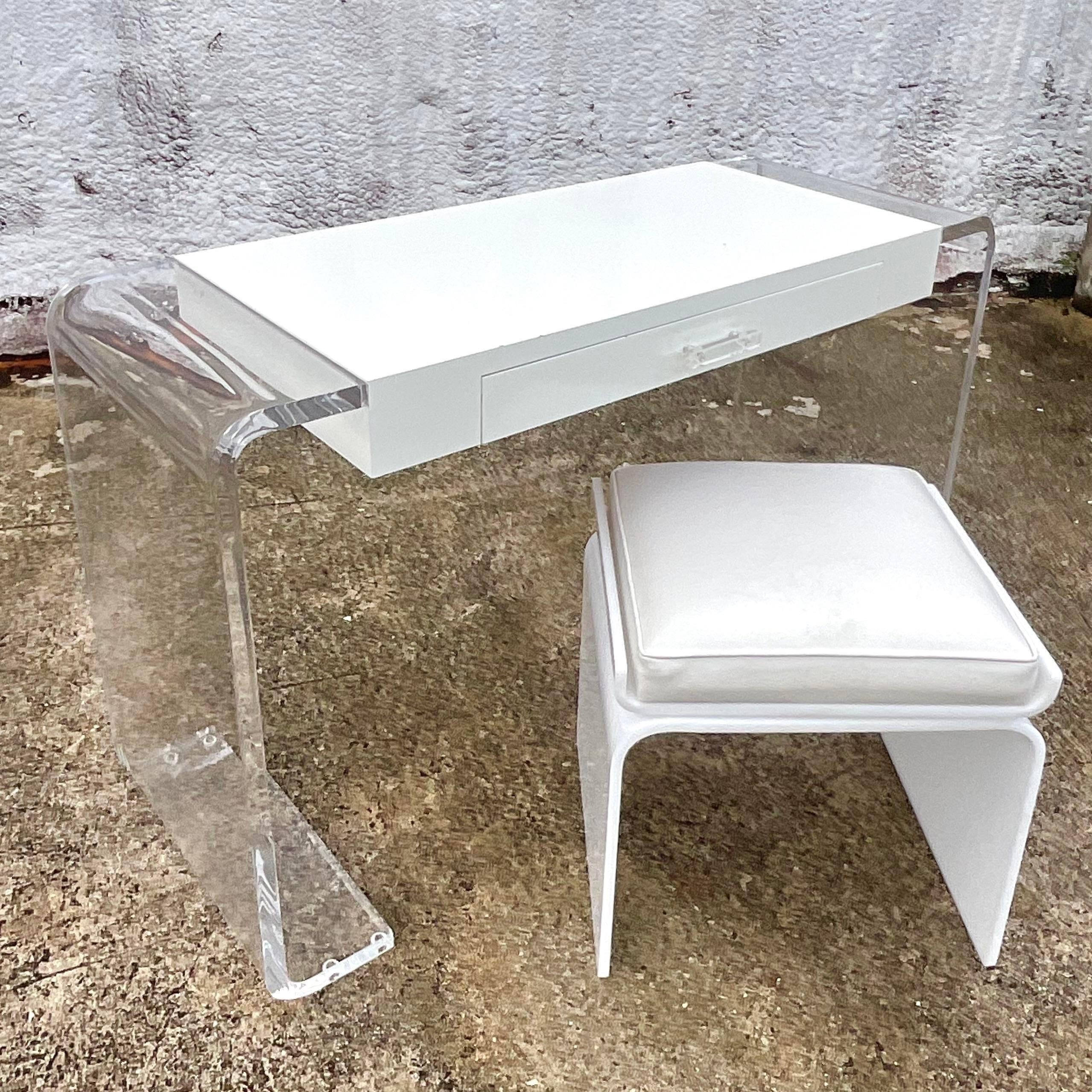 Late 20th Century Vintage Boho Lucite Scroll Vanity With Swivel Bench - Set of 2 1