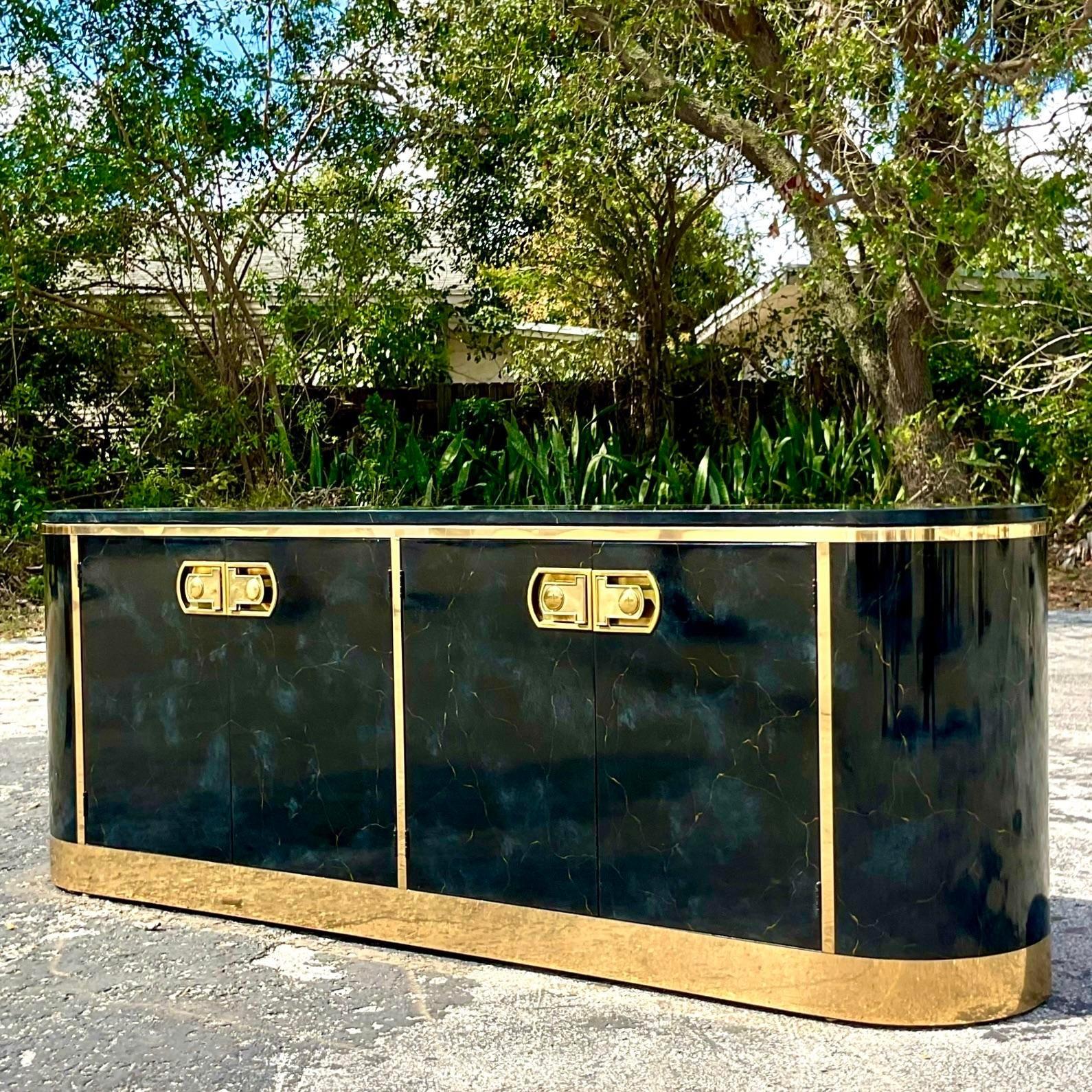 Late 20th Century Vintage Boho Mastercraft Racetrack Lacquered Credenza For Sale 6