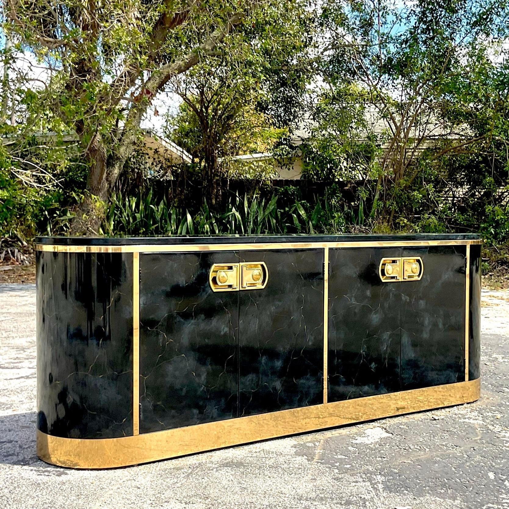 Late 20th Century Vintage Boho Mastercraft Racetrack Lacquered Credenza For Sale 7