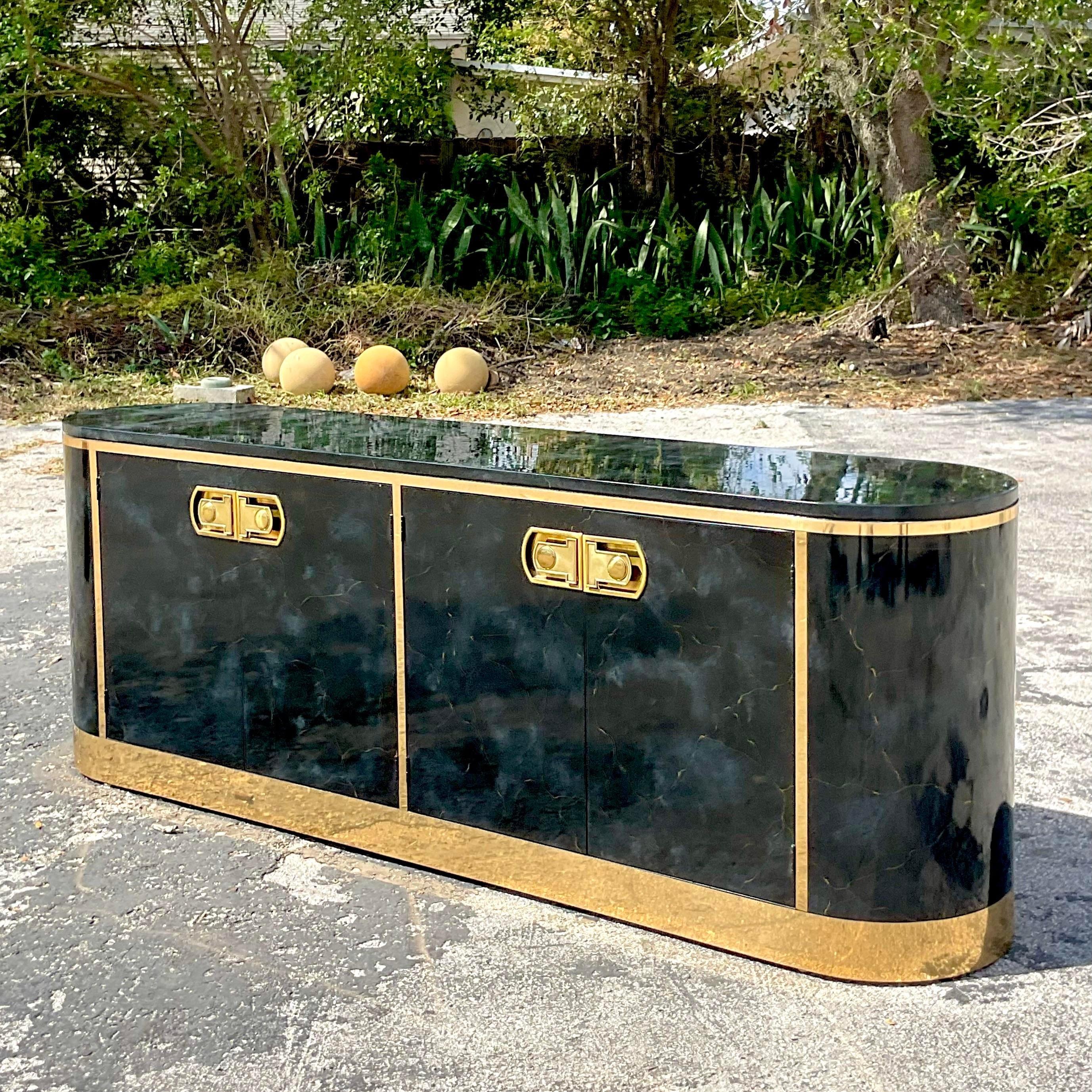 Late 20th Century Vintage Boho Mastercraft Racetrack Lacquered Credenza For Sale 3
