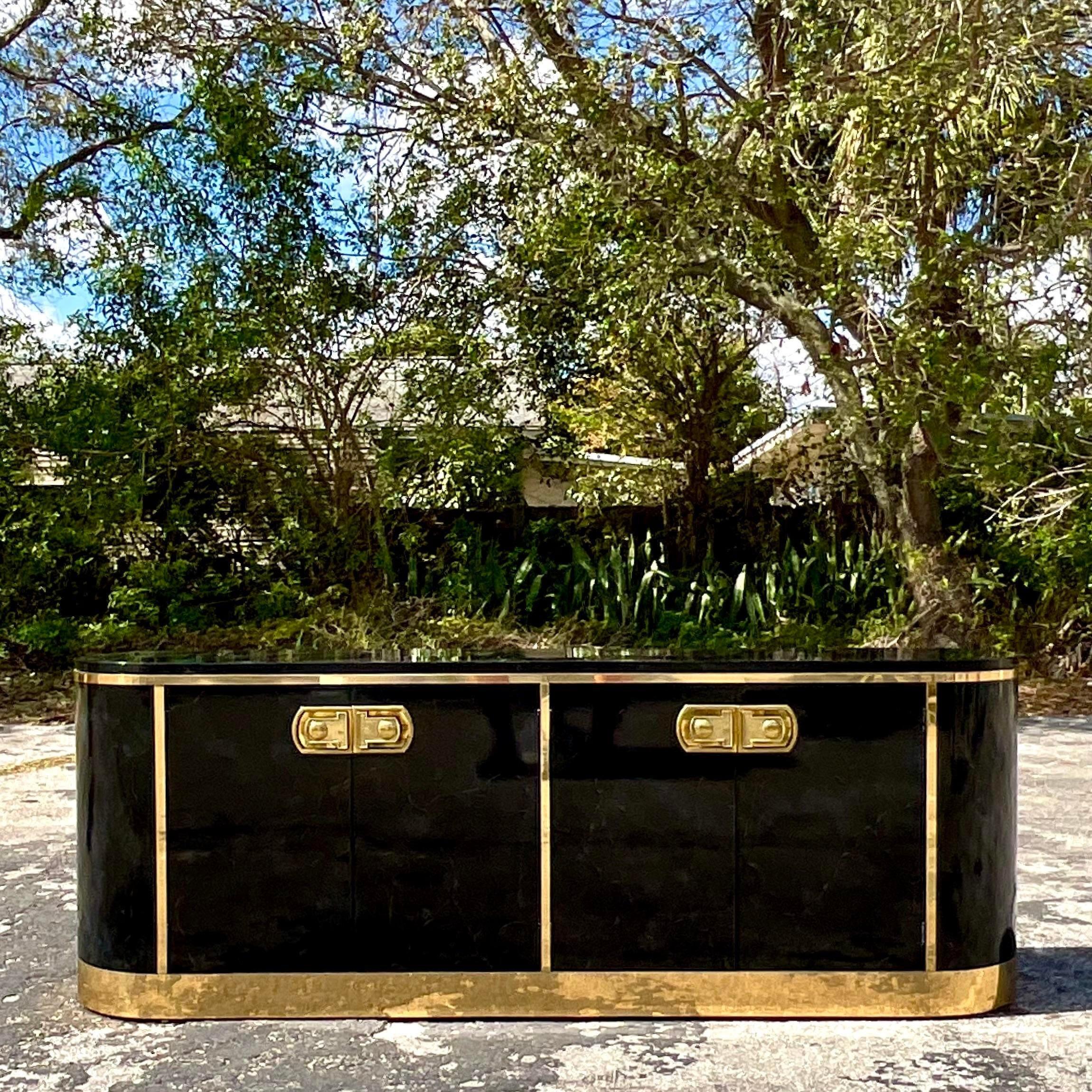 Late 20th Century Vintage Boho Mastercraft Racetrack Lacquered Credenza For Sale 4