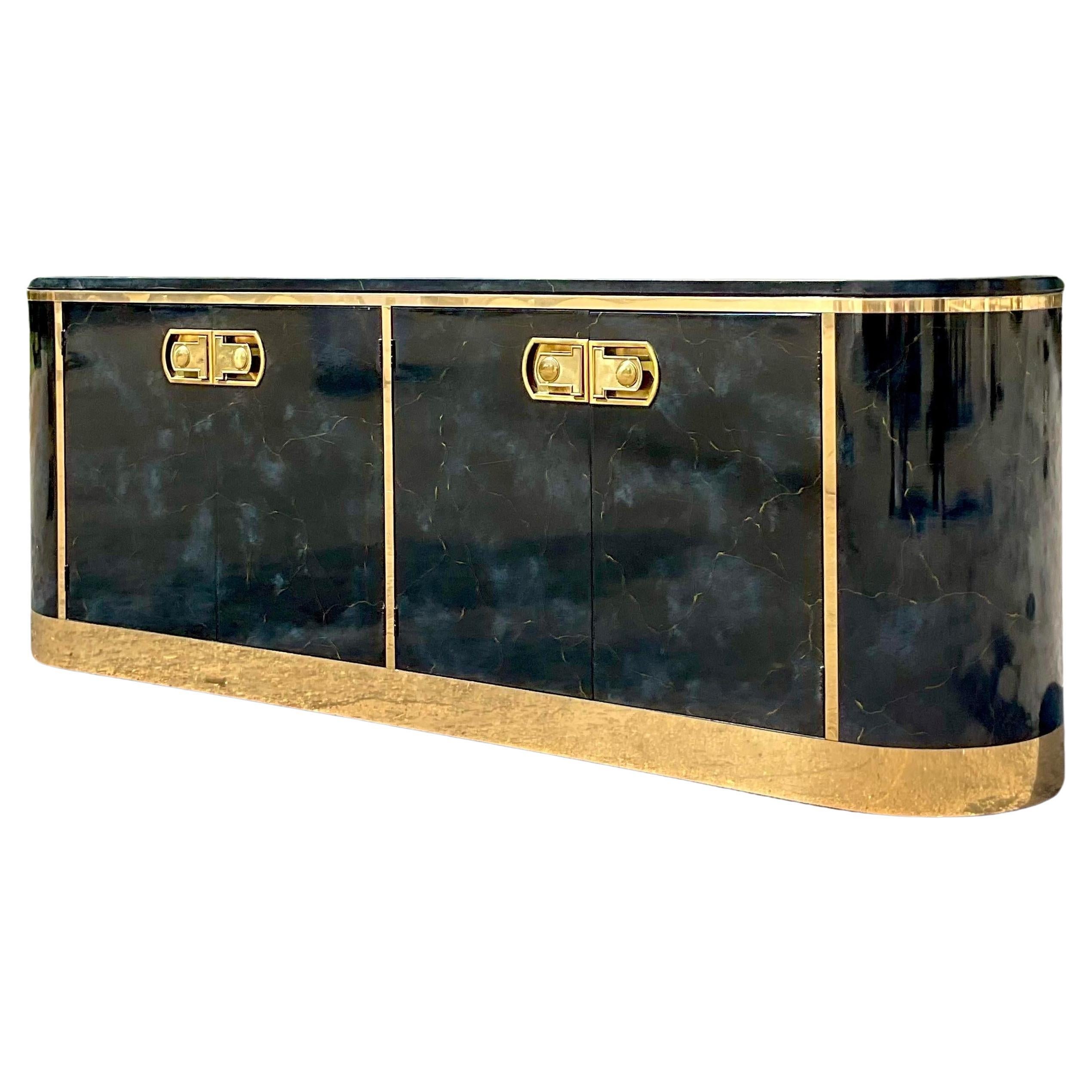 Late 20th Century Vintage Boho Mastercraft Racetrack Lacquered Credenza For Sale
