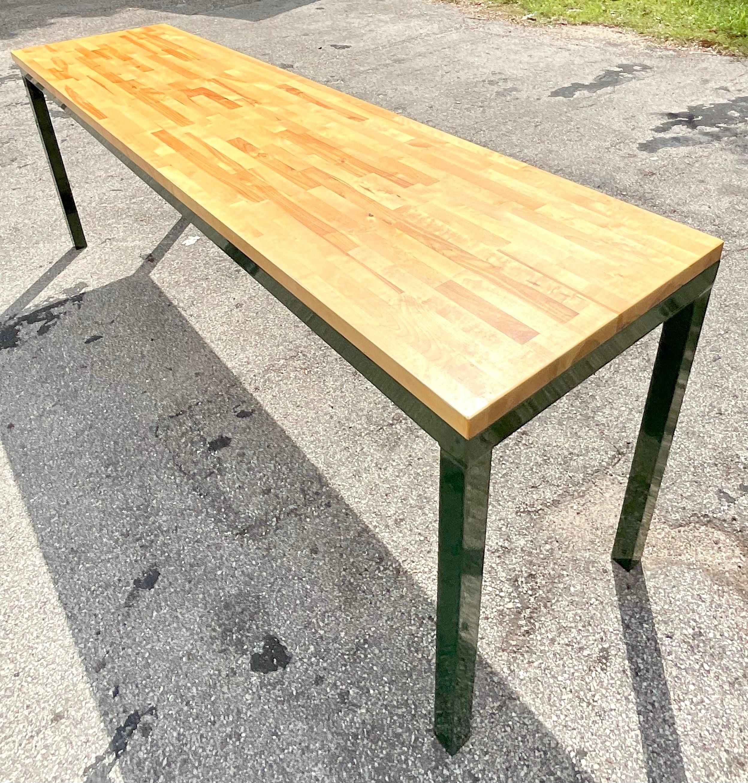 American Late 20th Century Vintage Boho Metal and Butcher Block Long Console Table For Sale