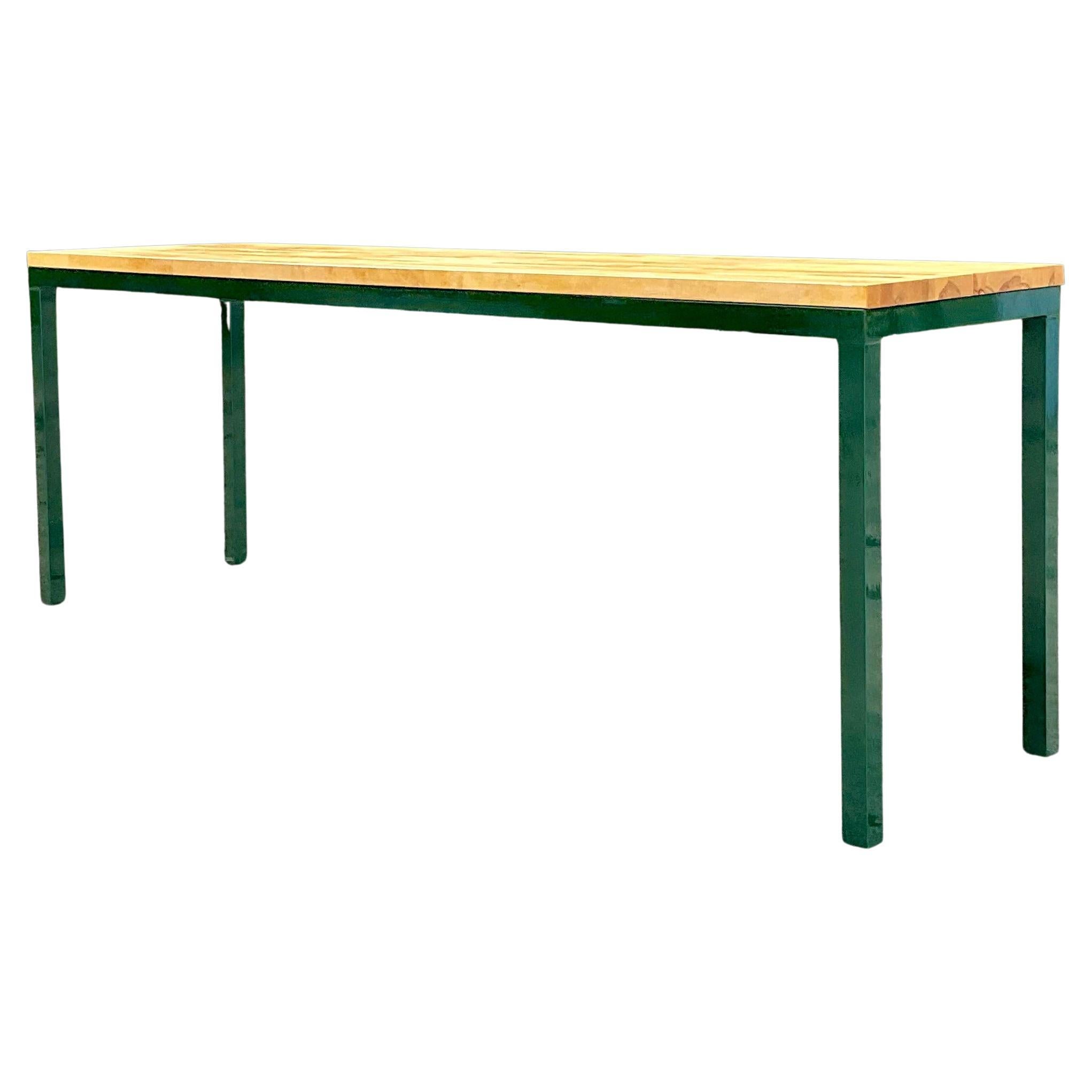 Fin du 20ème siècle Vintage Boho Table console longue en métal et bloc de boucherie en vente
