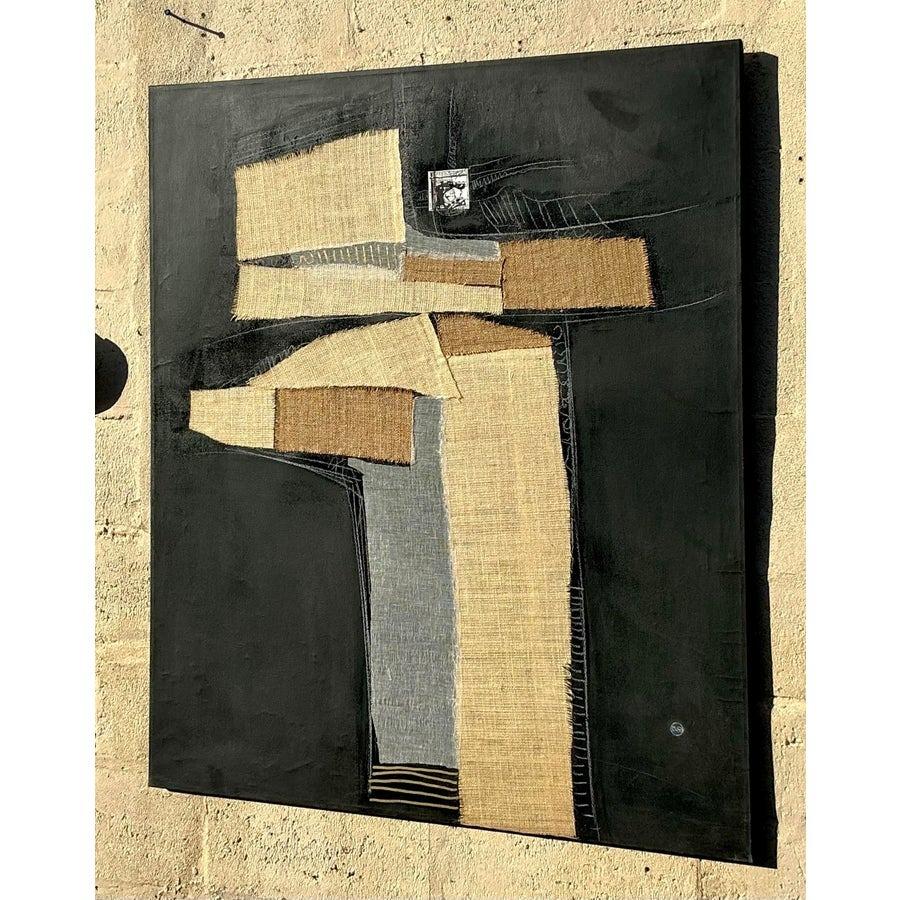 Late 20th Century Vintage Boho Mixed Media Oil Painting on Canvas im Angebot 3