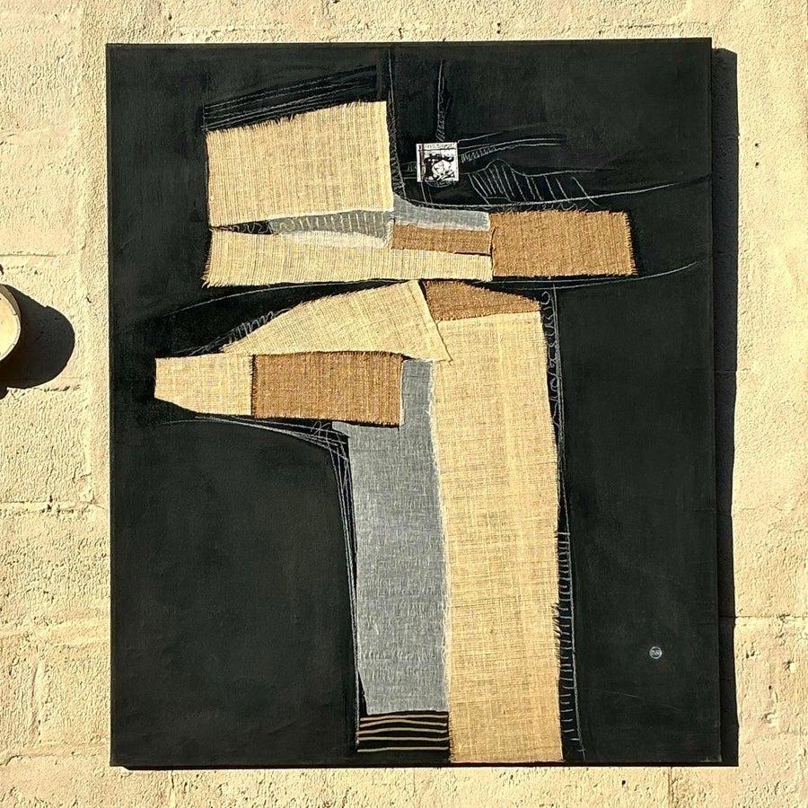 Late 20th Century Vintage Boho Mixed Media Oil Painting on Canvas (amerikanisch) im Angebot
