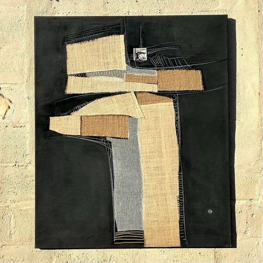 Late 20th Century Vintage Boho Mixed Media Oil Painting on Canvas im Angebot 1