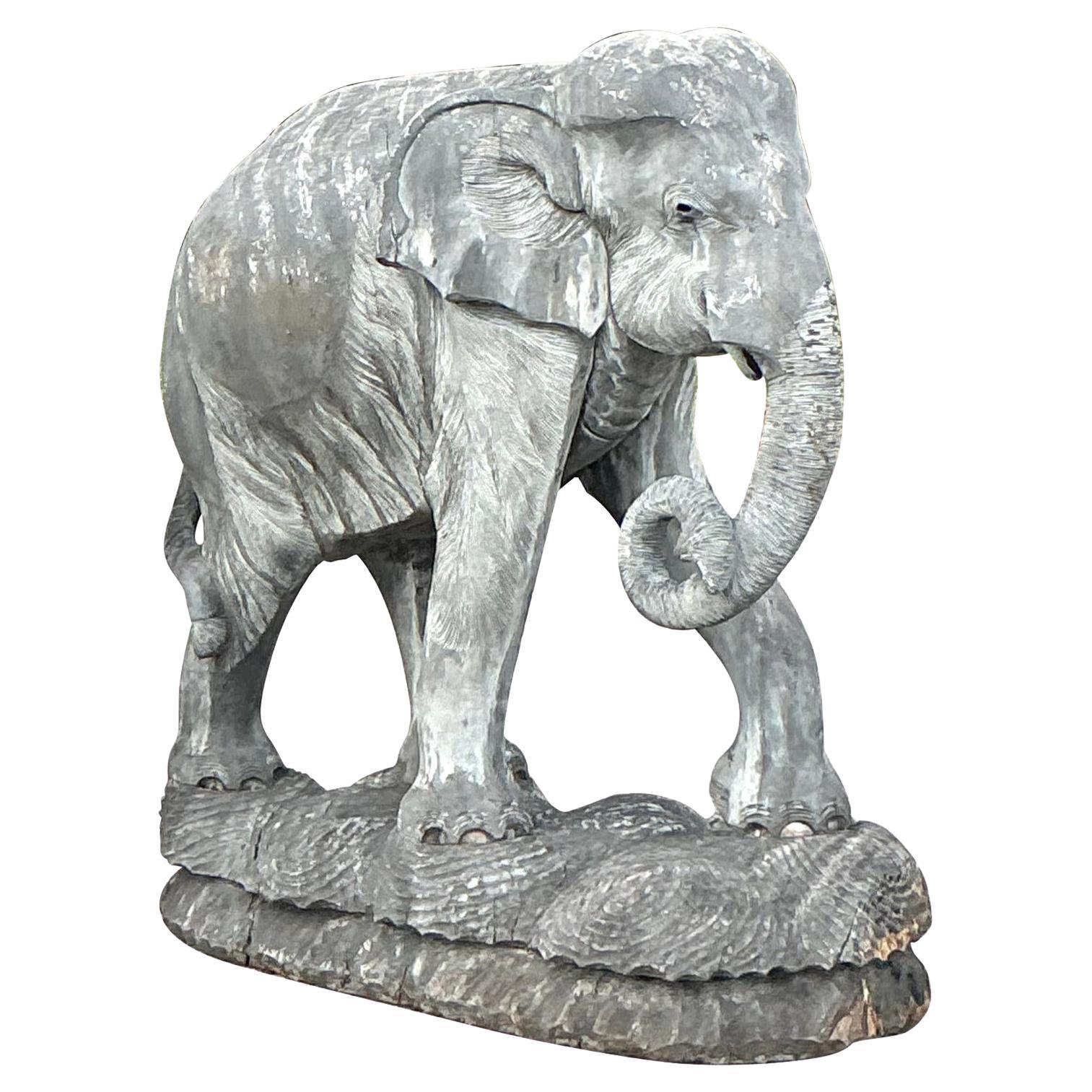 Late 20th Century Vintage Boho Monumental Carved Wooden Elephant