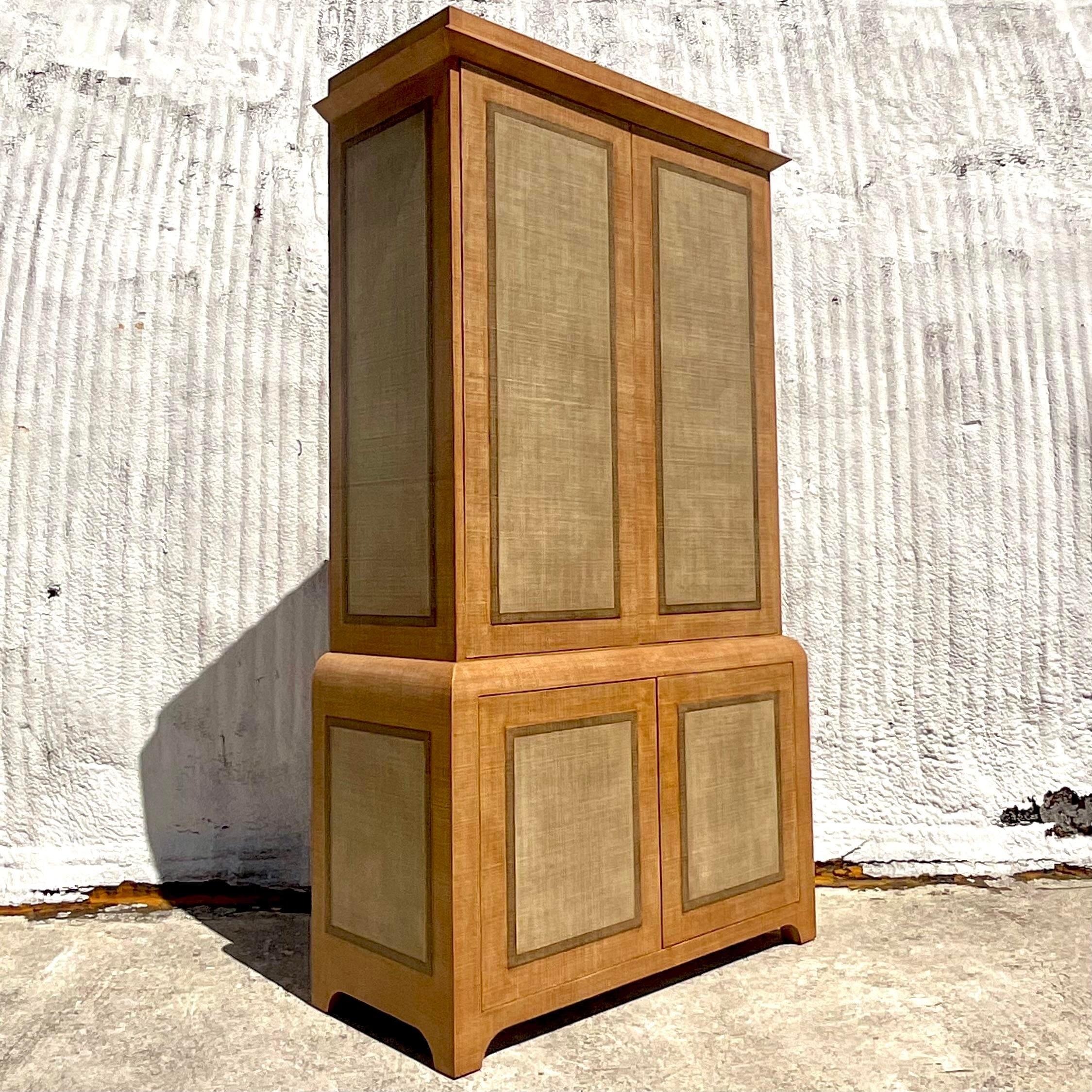 Late 20th Century Vintage Boho Monumental Custom Grasscloth Dry Bar In Good Condition For Sale In west palm beach, FL