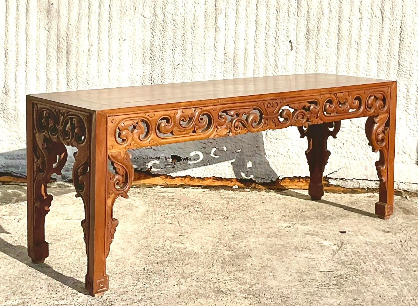 American Late 20th Century Vintage Boho Monumental Hand Carved Console Table For Sale