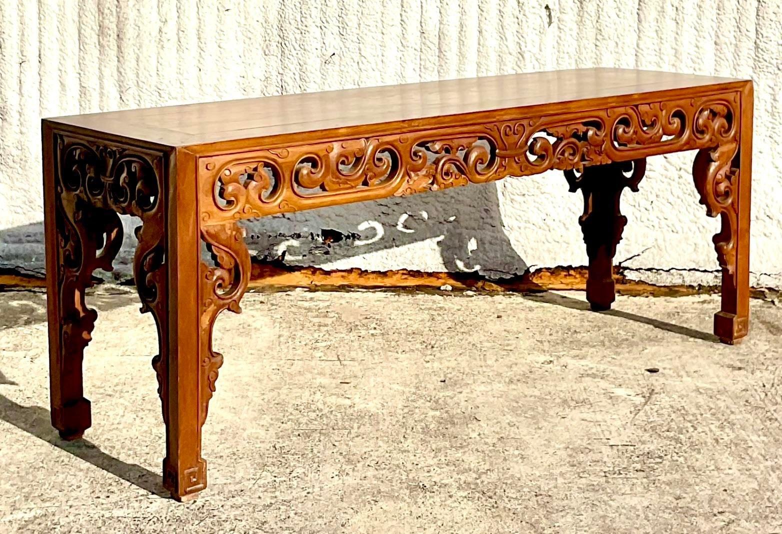 Late 20th Century Vintage Boho Monumental Hand Carved Console Table In Good Condition For Sale In west palm beach, FL