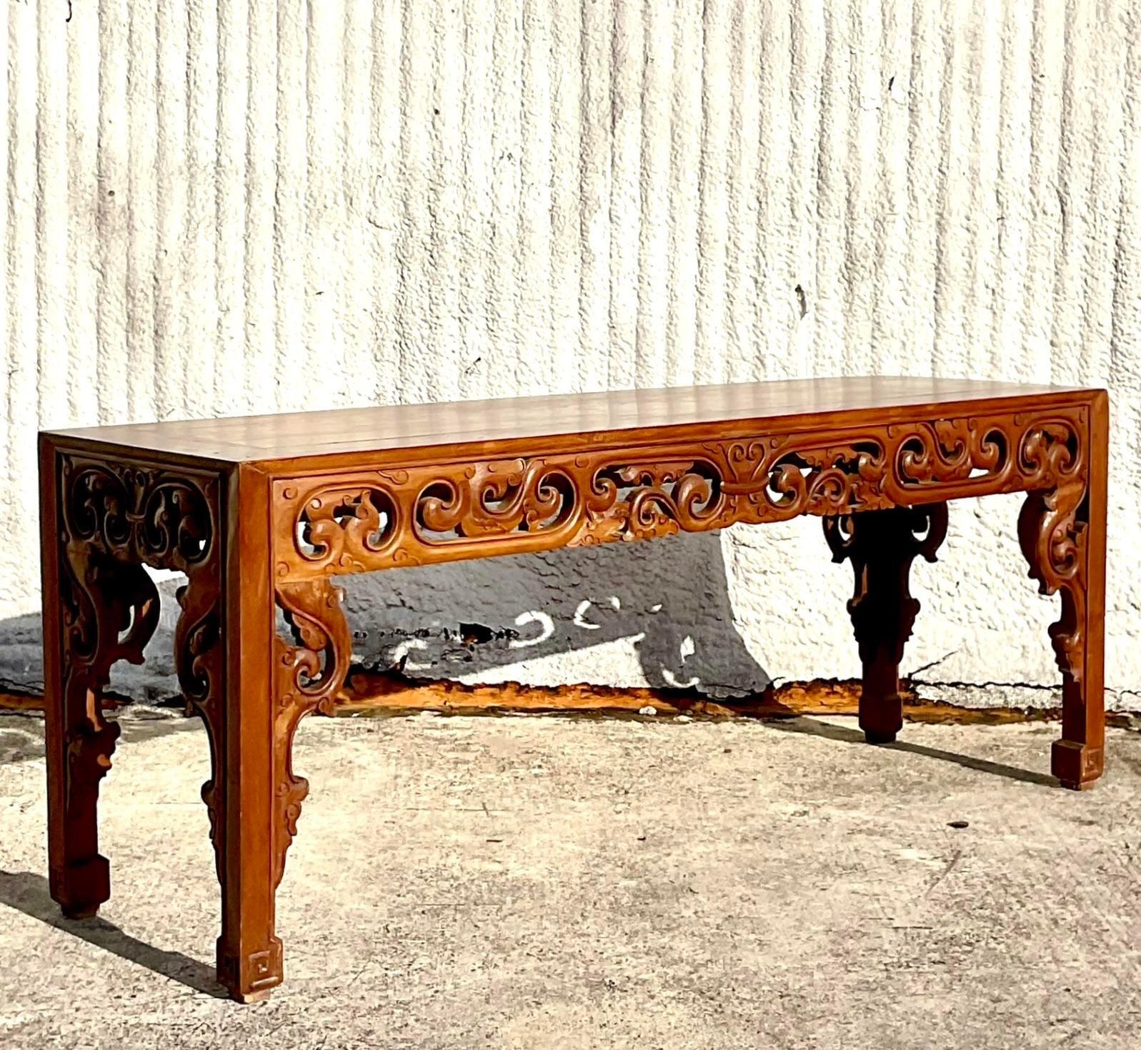 Wood Late 20th Century Vintage Boho Monumental Hand Carved Console Table For Sale