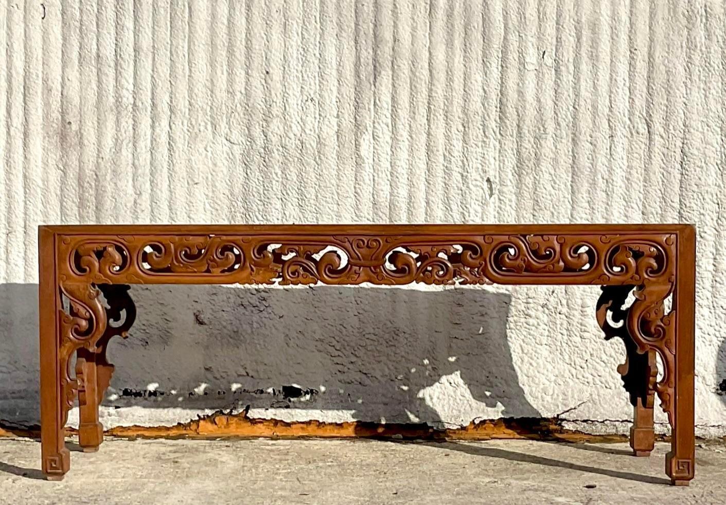 Late 20th Century Vintage Boho Monumental Hand Carved Console Table For Sale 1