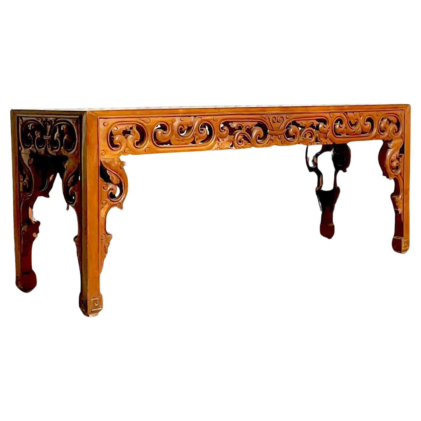Late 20th Century Vintage Boho Monumental Hand Carved Console Table For Sale