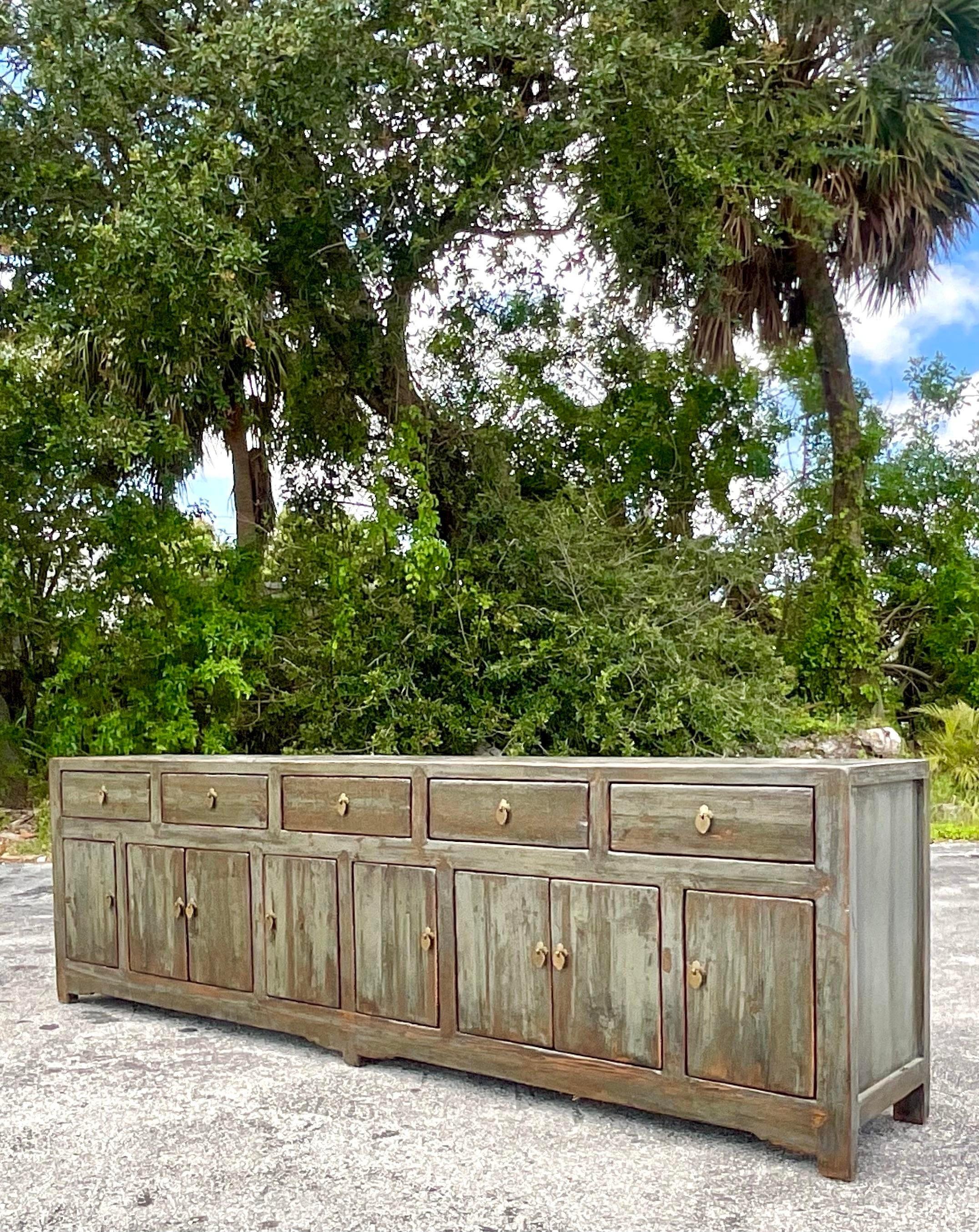 Late 20th Century Vintage Boho Monumental Reclaimed Wood Credenza For Sale 1